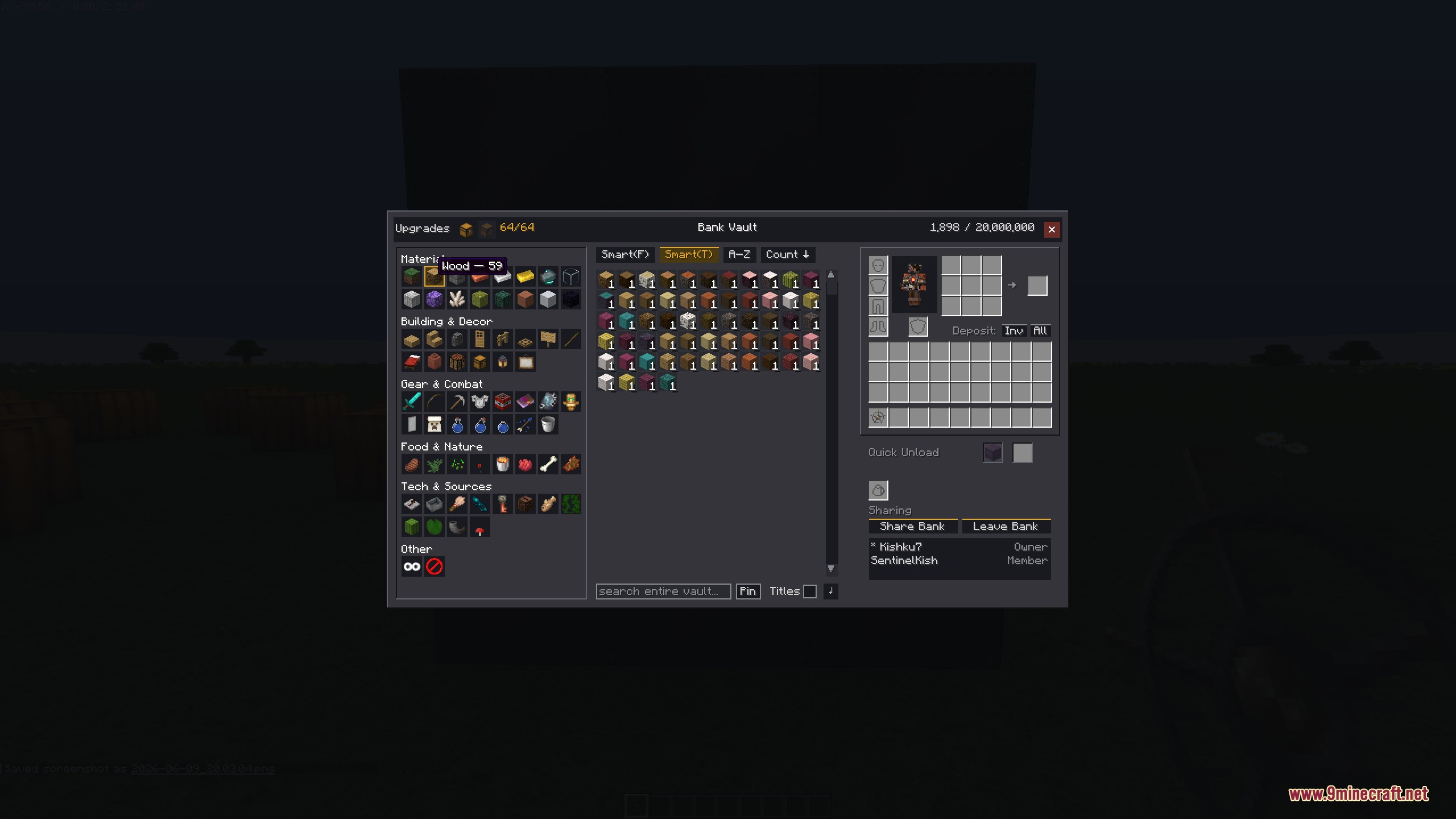 Bank Vault Mod Screenshot 5 A large storage interface showing a grid of items and category tabs