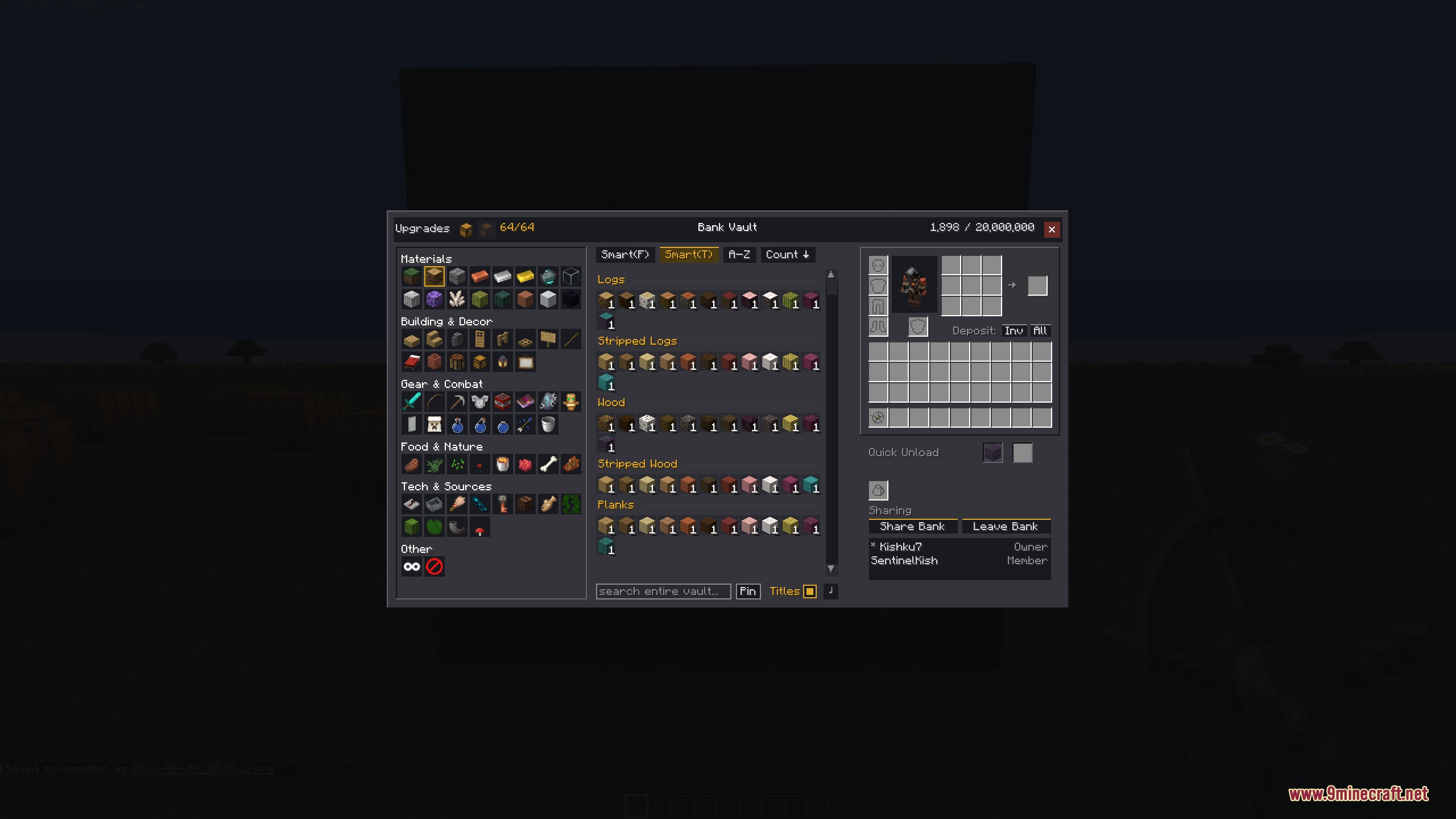 Bank Vault Mod Screenshot 6 The storage menu displaying building materials organized into specific wood type groups