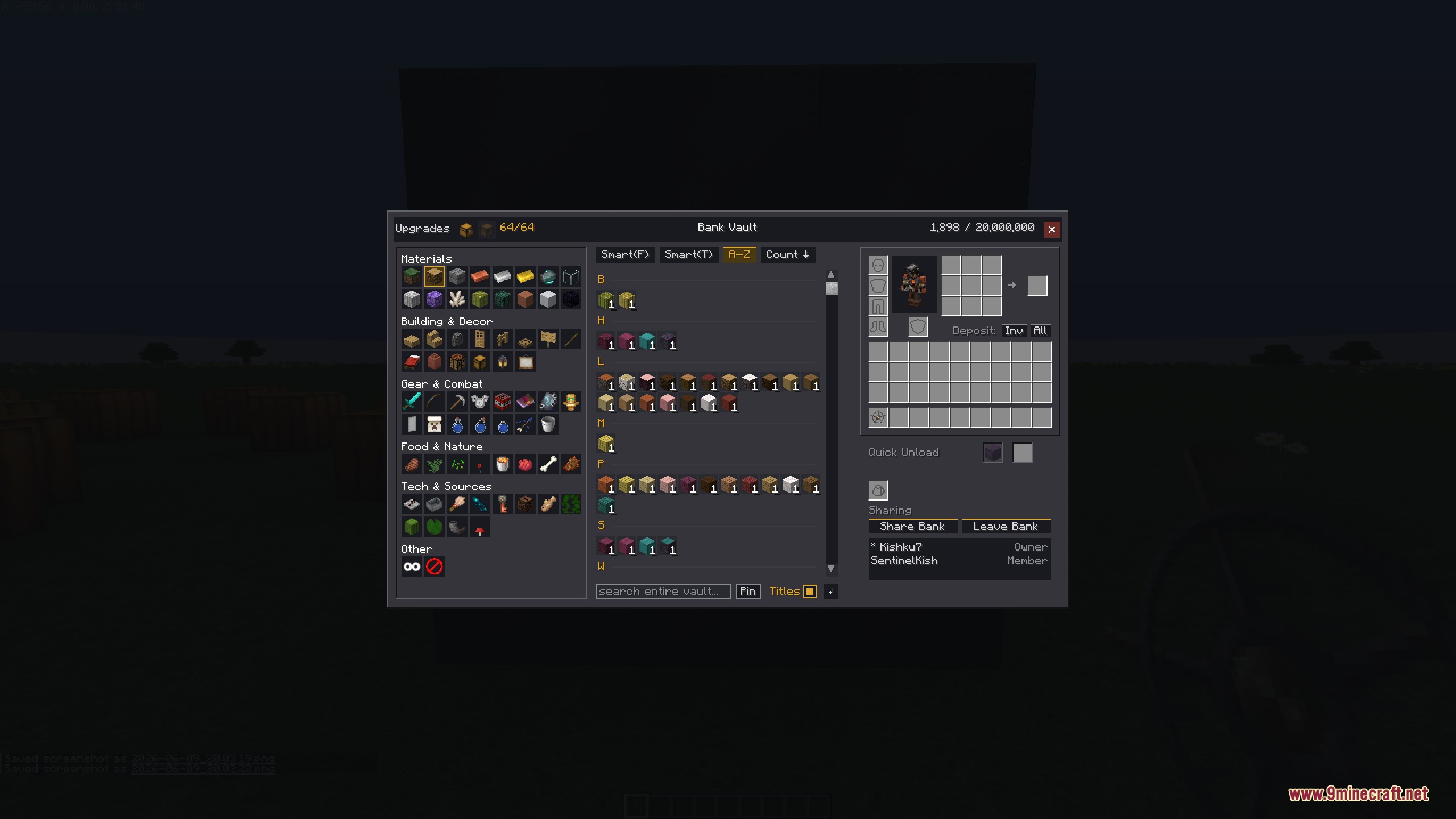 Bank Vault Mod Screenshot 8 A player sorts building blocks by name within the Bank Vault interface