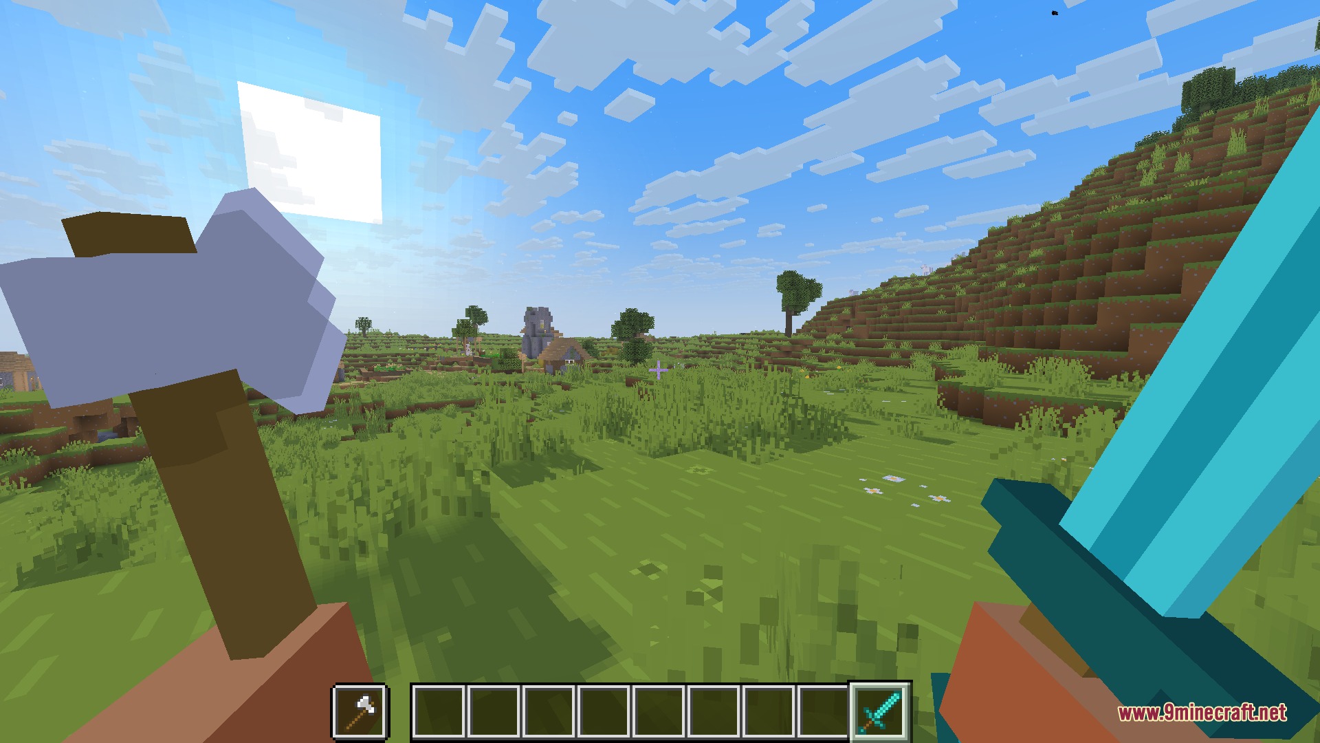 Player dual wielding a 3D axe and sword in a hilly environment