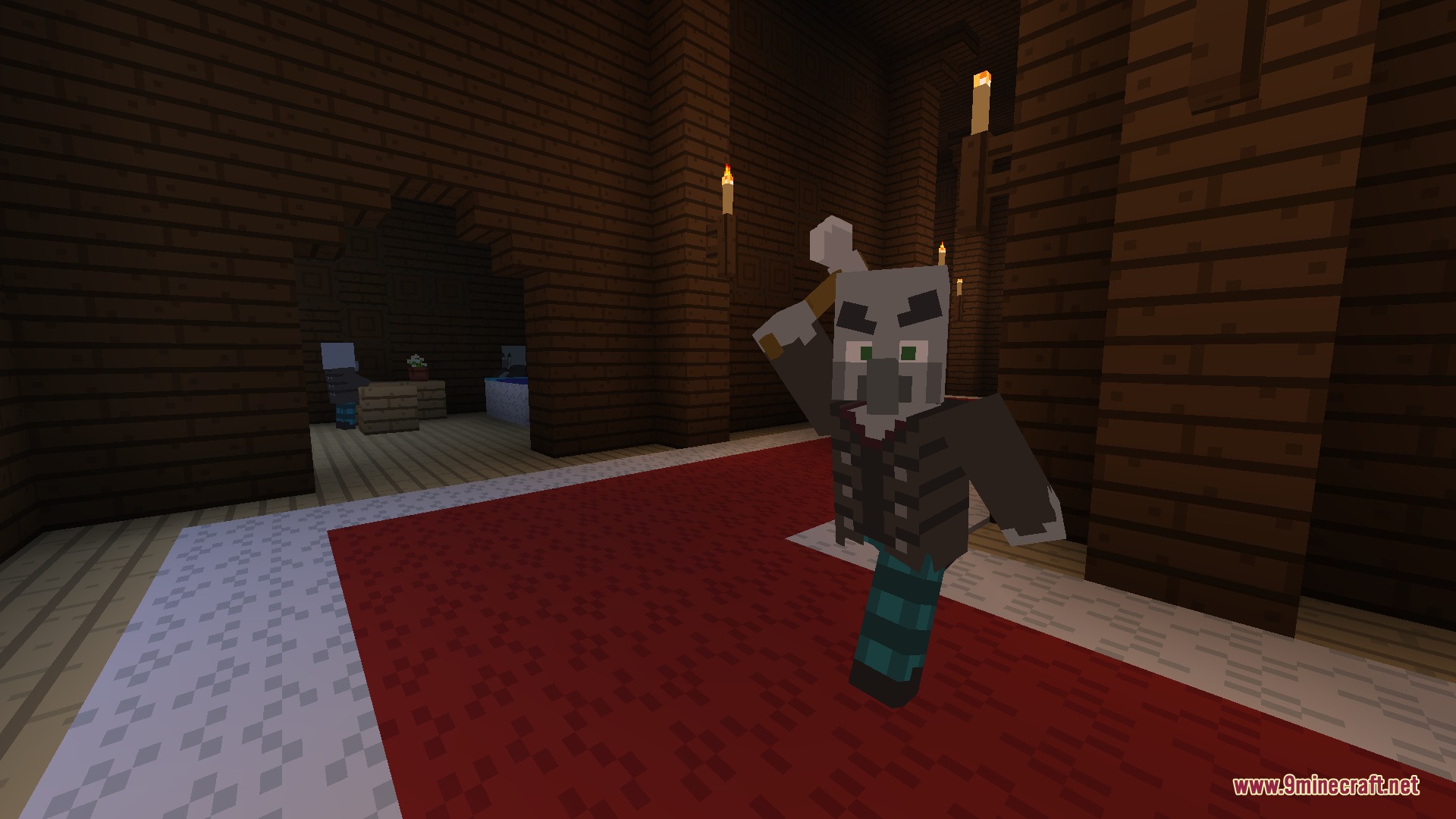 An Illager mob holding a thick 3D mace inside a wooden mansion
