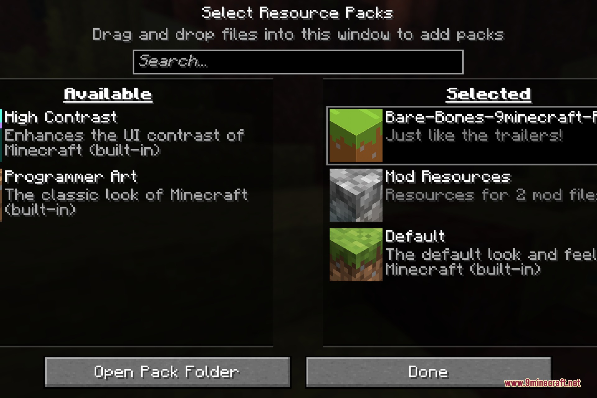 Selecting the Bare Bones resource pack in the Minecraft Resource Packs menu