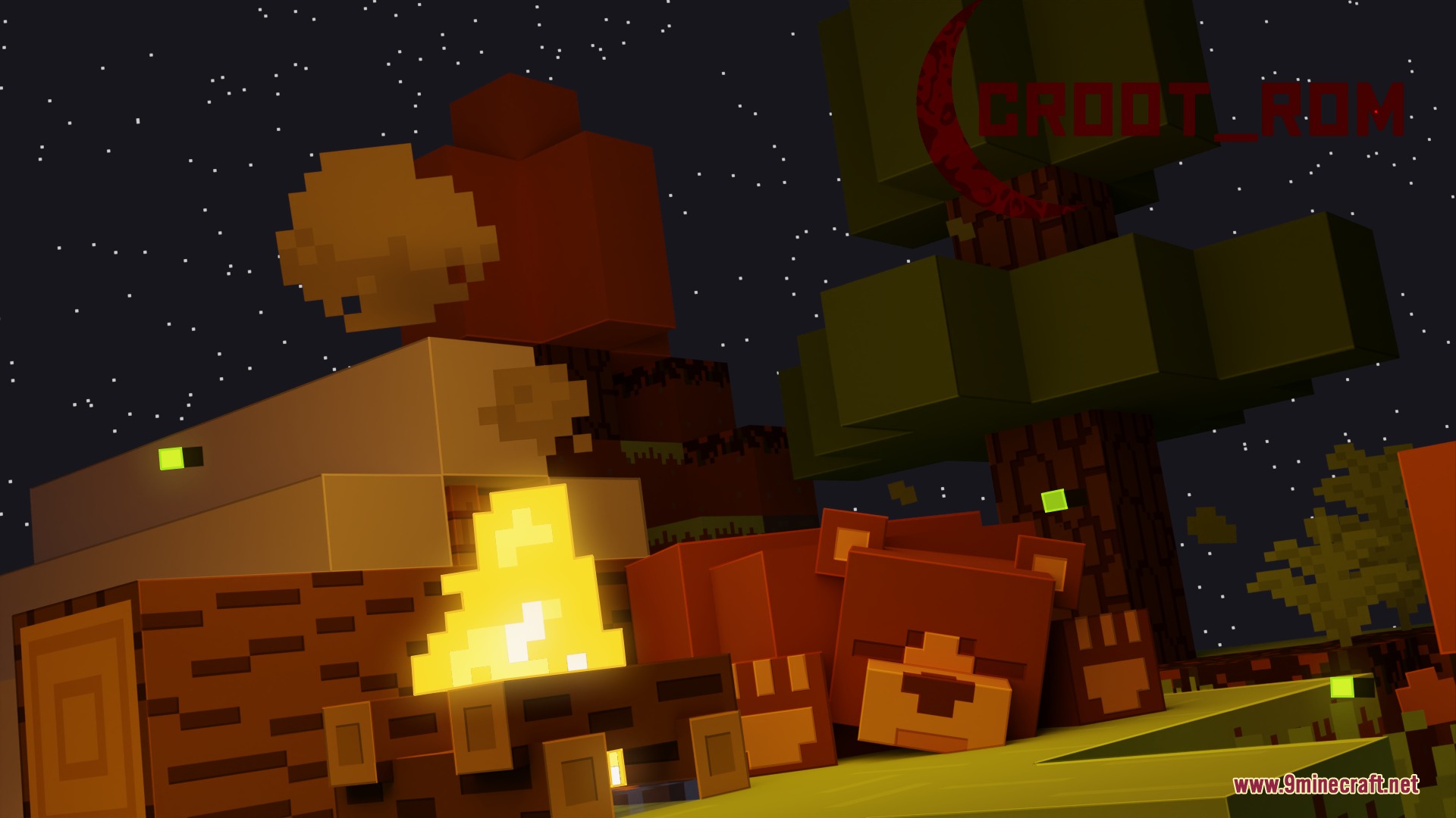 Bare Bones Origin Realms Resource Pack Screenshot 1 A brown bear sleeping next to a glowing campfire under the night sky