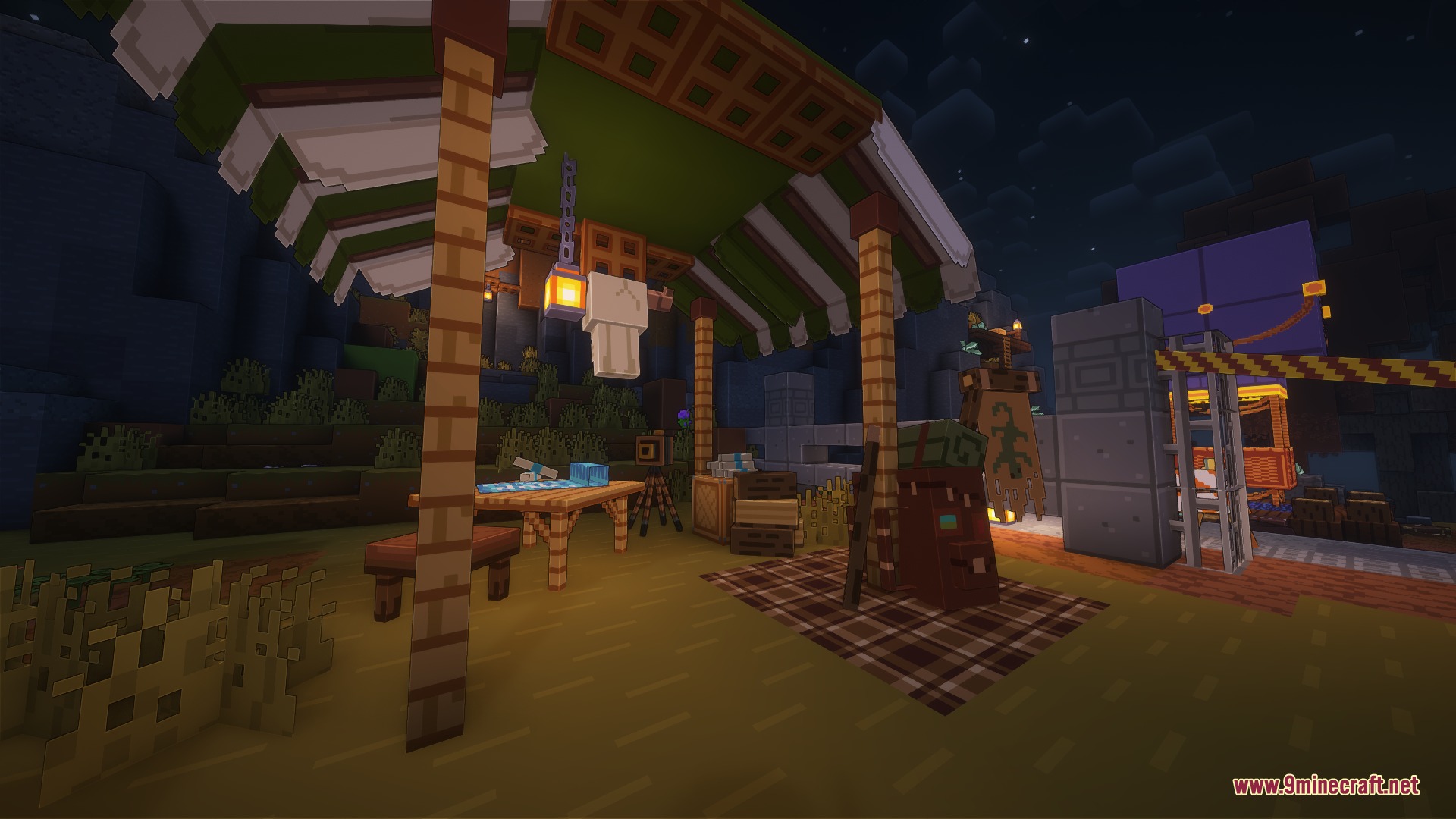 Bare Bones Origin Realms Resource Pack Screenshot 2 A cozy campsite with a striped canopy and survival gear at night
