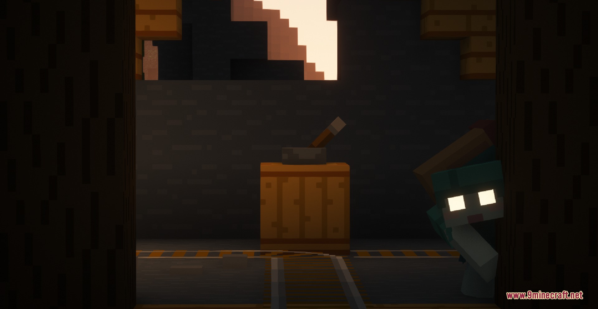 Bare Bones Origin Realms Resource Pack Screenshot 3 Small creature with glowing eyes peeking from behind a dark wooden pillar