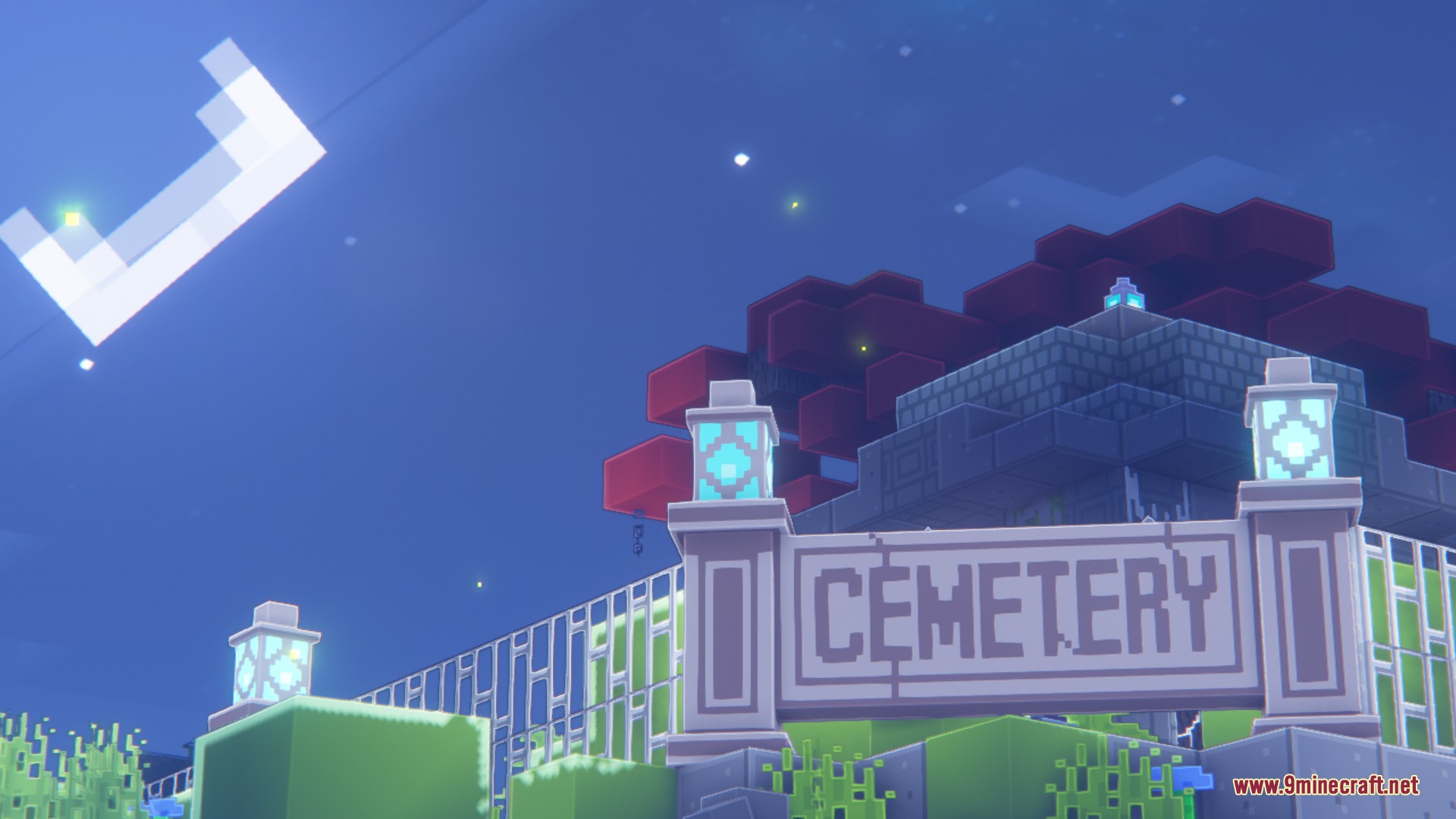 Bare Bones Origin Realms Resource Pack Screenshot 5 A cemetery entrance with a sign and blue lanterns under a crescent moon