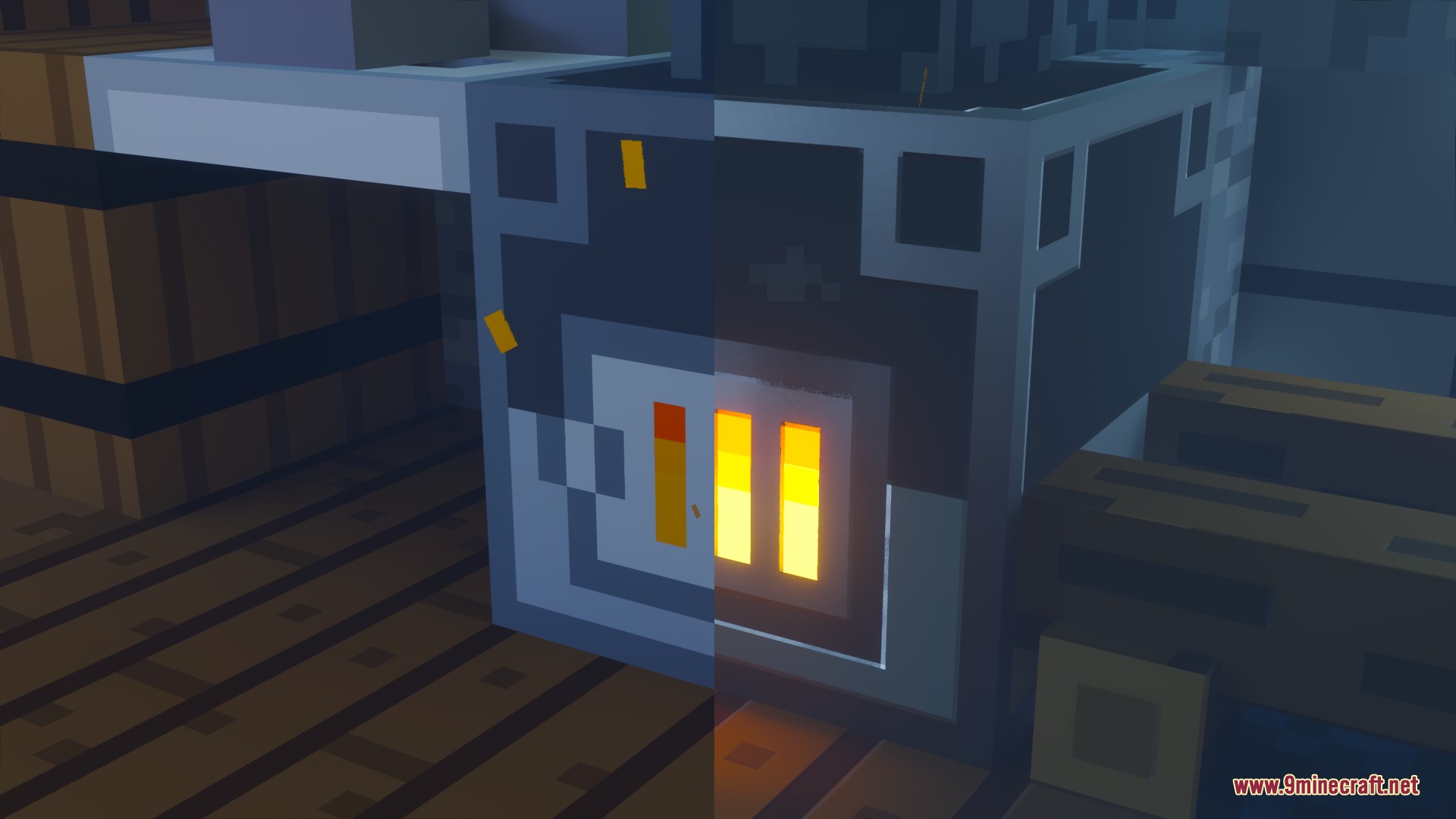 Bare Bones PBR X128 Resource Pack Screenshot 1 A furnace with glowing fire bars showing a split screen comparison effect