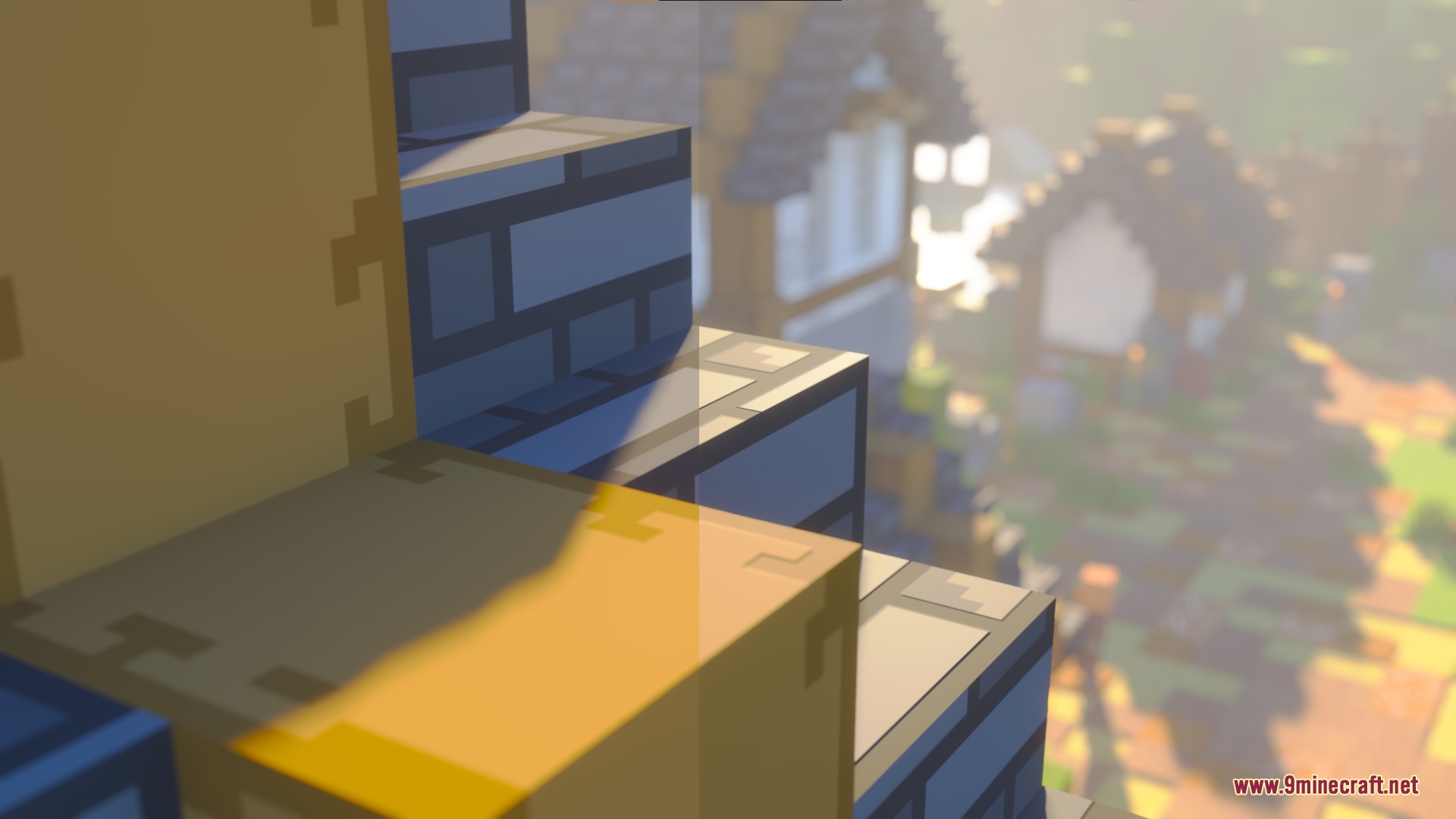 Bare Bones PBR X128 Resource Pack Screenshot 2 Smooth blocks with realistic lighting effects showing a split screen comparison view