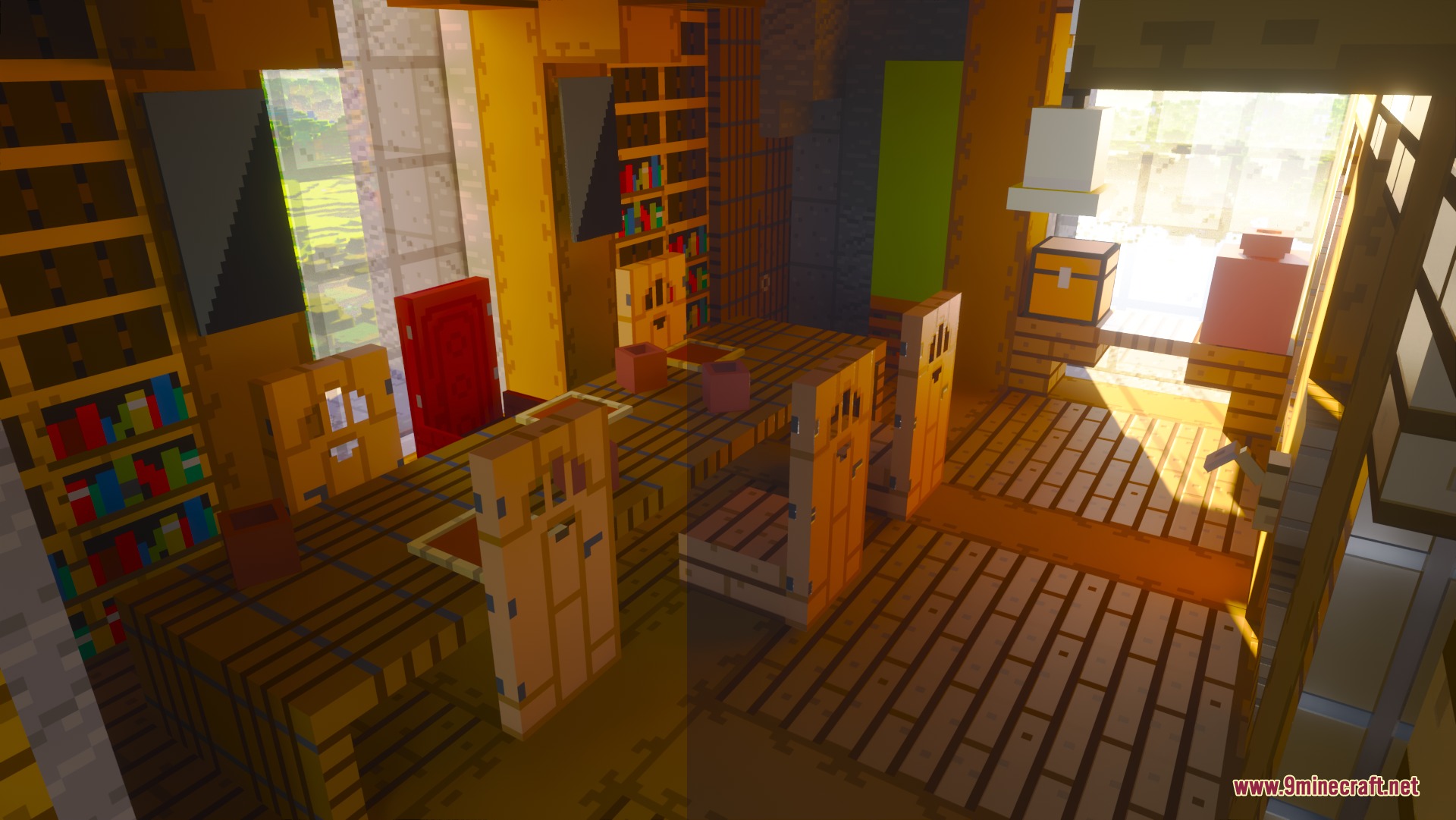 Bare Bones PBR X128 Resource Pack Screenshot 3 A simple Minecraft room with wooden furniture and sunlight from the window