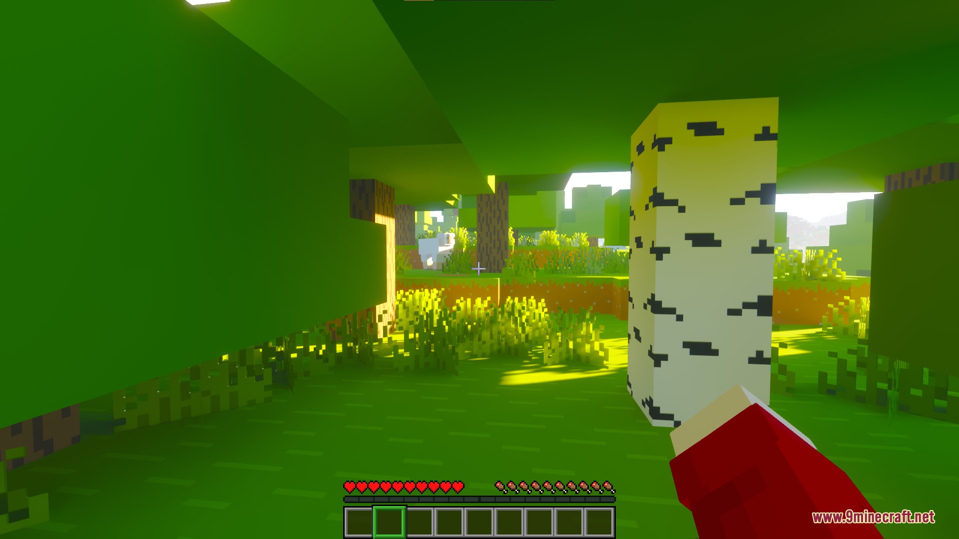 Bare Bones PBR X128 Resource Pack Screenshot 4 Bare Bones PBR Resource Pack shows a vibrant green forest with birch trees