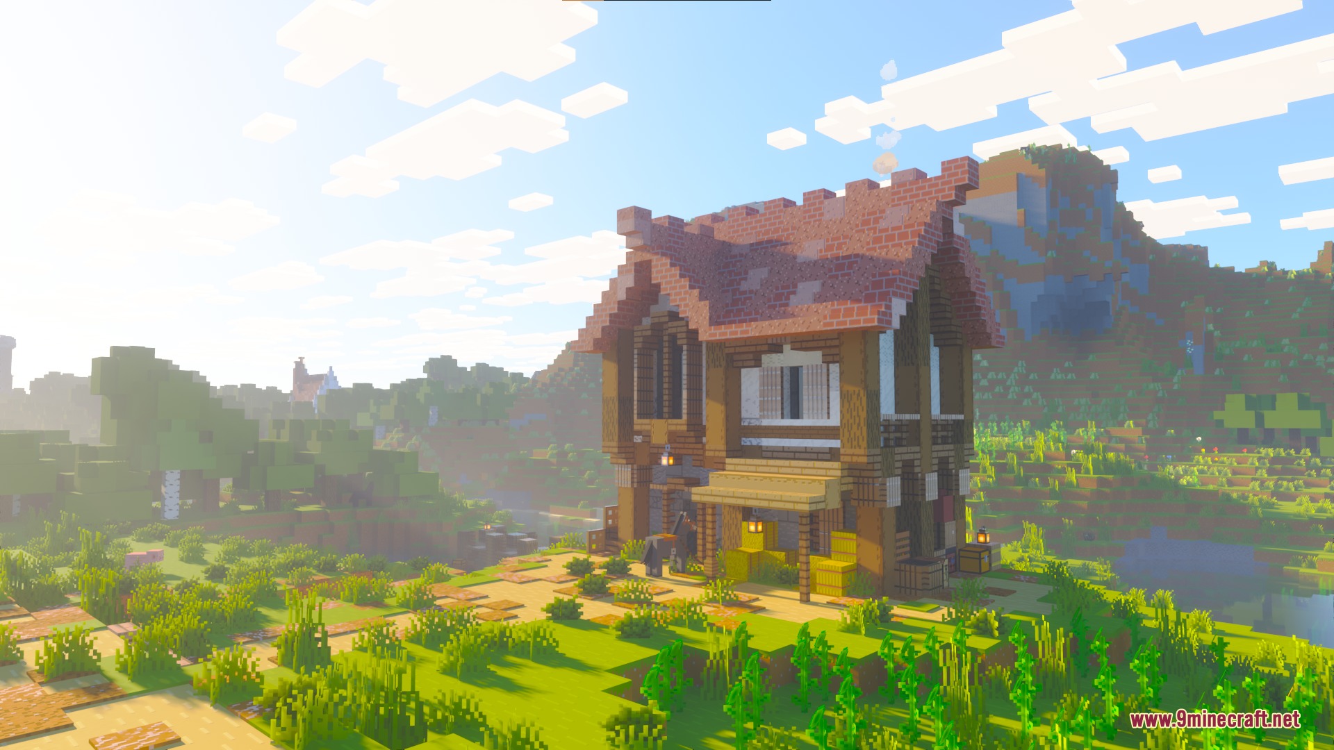 Bare Bones PBR X128 Resource Pack Screenshot 5 A detailed wooden house with a red roof sits on a grassy hill