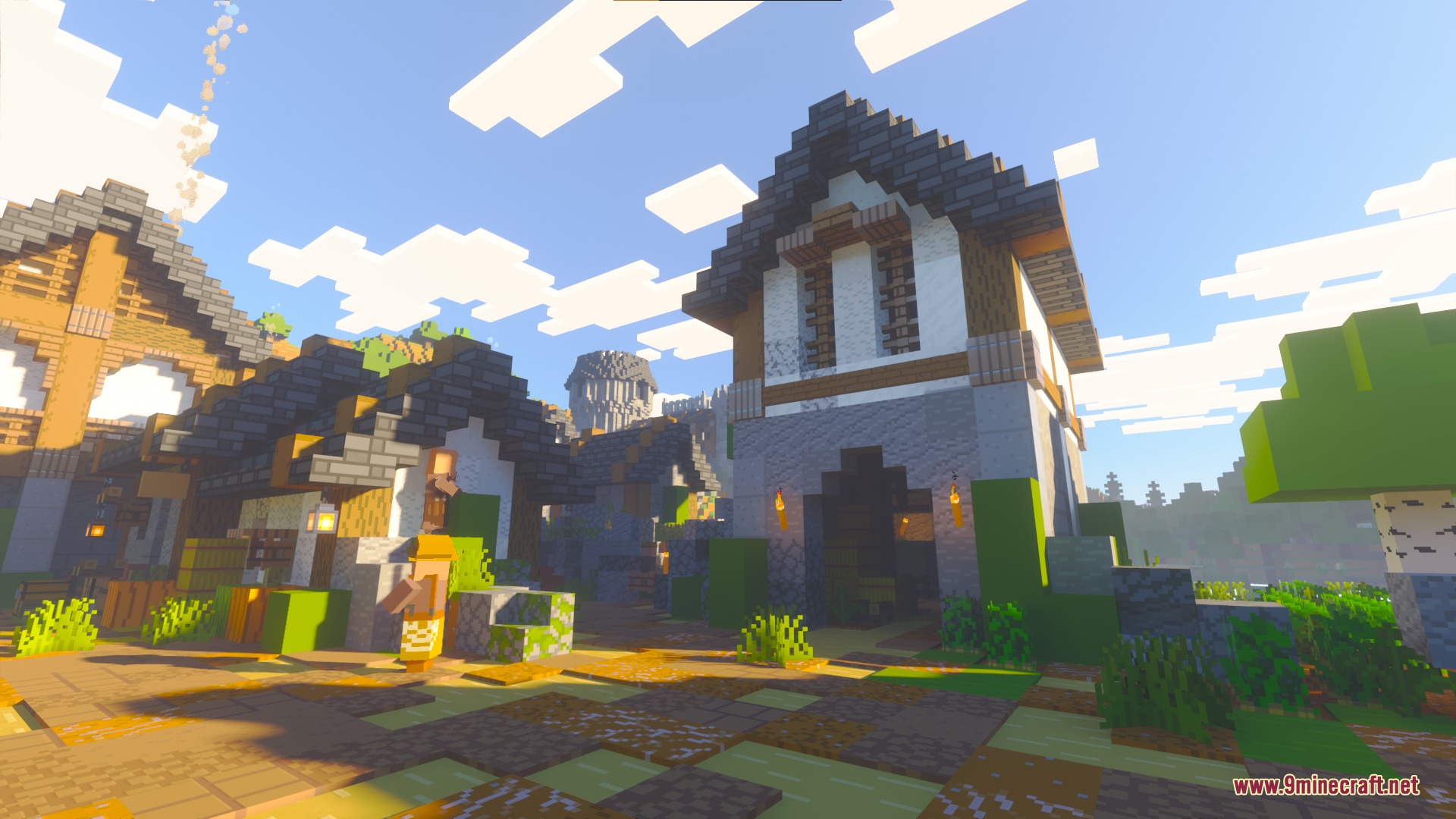 Bare Bones PBR X128 Resource Pack Screenshot 6 Several Minecraft buildings in a village with bright lighting and clean textures