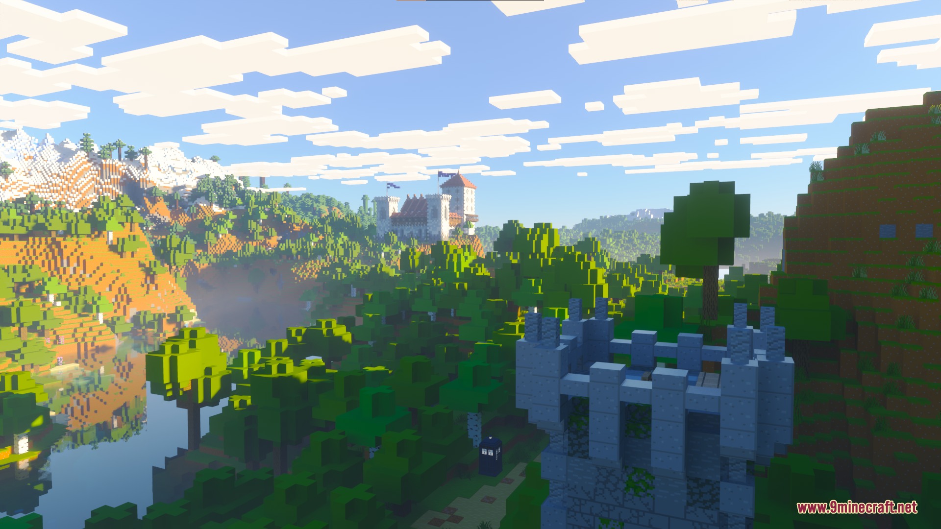 Bare Bones PBR X128 Resource Pack Screenshot 7 Vibrant Minecraft landscape featuring a stone tower and a distant white castle