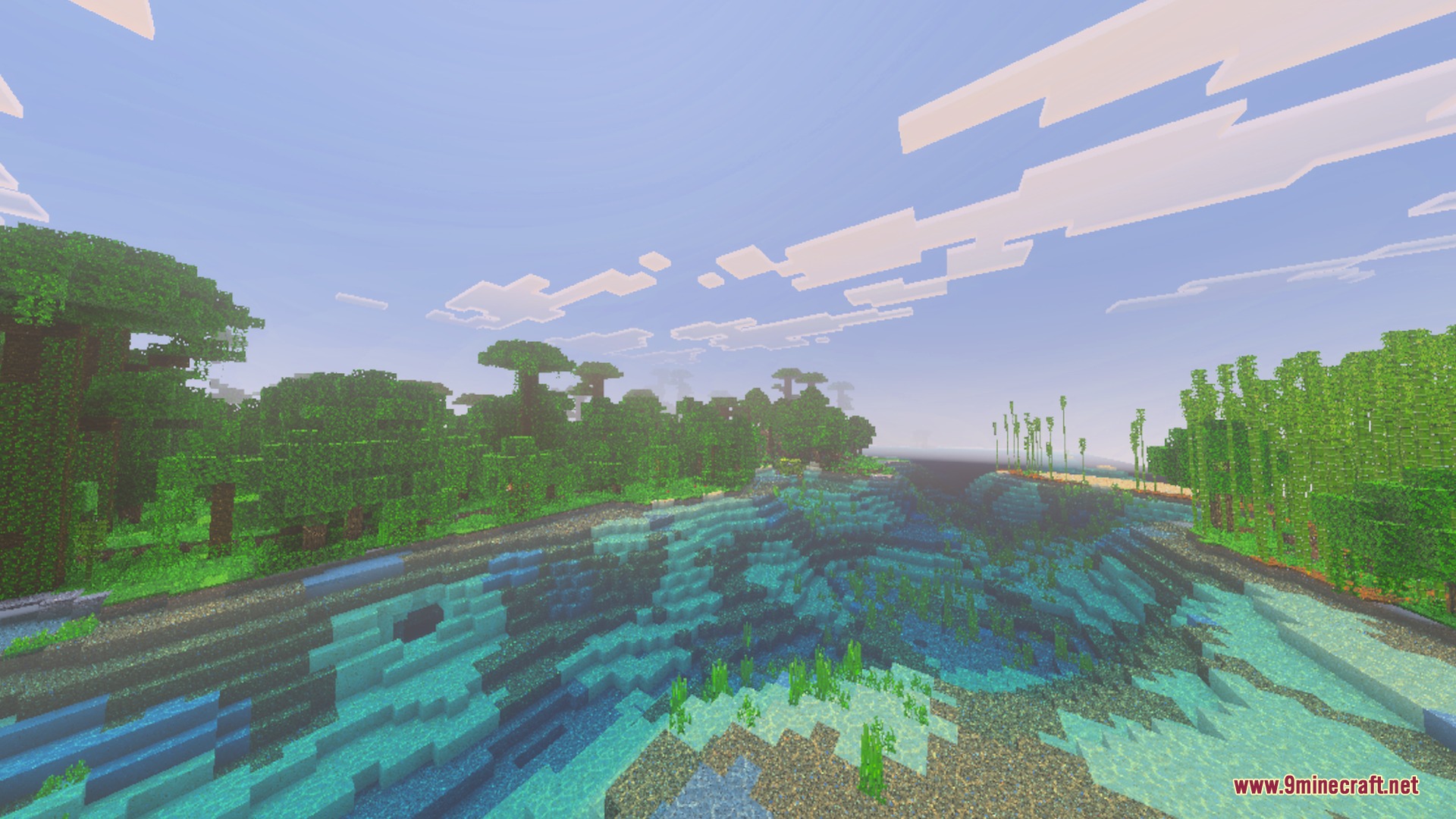Bare Bones Simple PBR Bedrock Port Shader Screenshot 1 A vibrant jungle landscape featuring clear blue water and clean trailer style textures