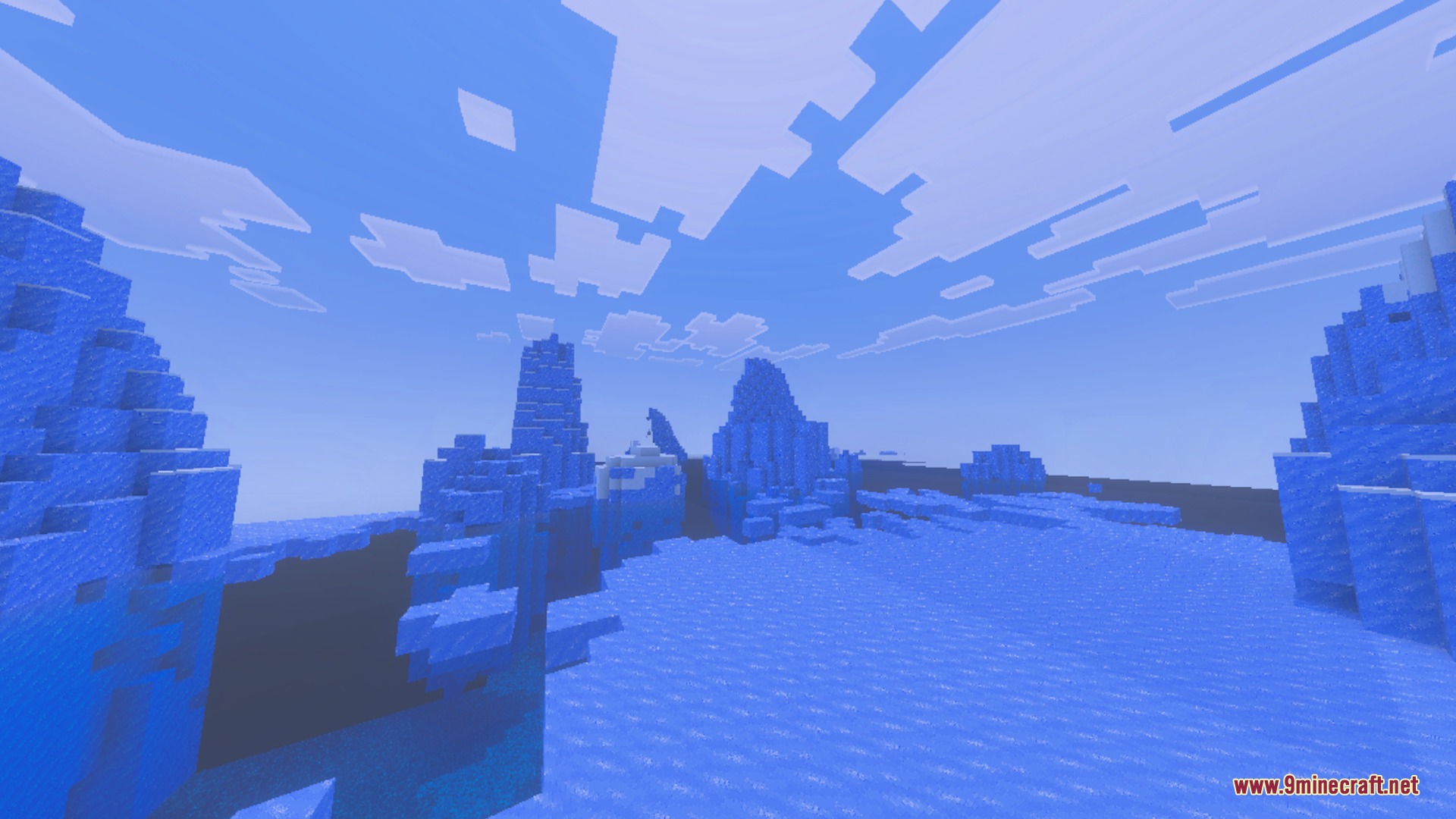 Bare Bones Simple PBR Bedrock Port Shader Screenshot 3 Clean trailer style ice spikes and frozen blocks under a bright blue sky