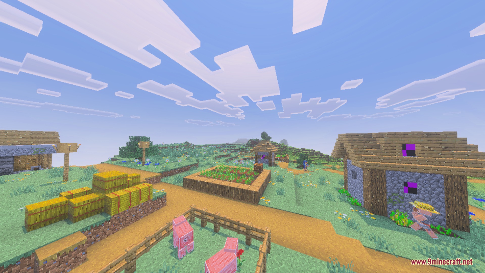Bare Bones Simple PBR Bedrock Port Shader Screenshot 5 A bright Minecraft village with pink sheep and hay bales under clean skies
