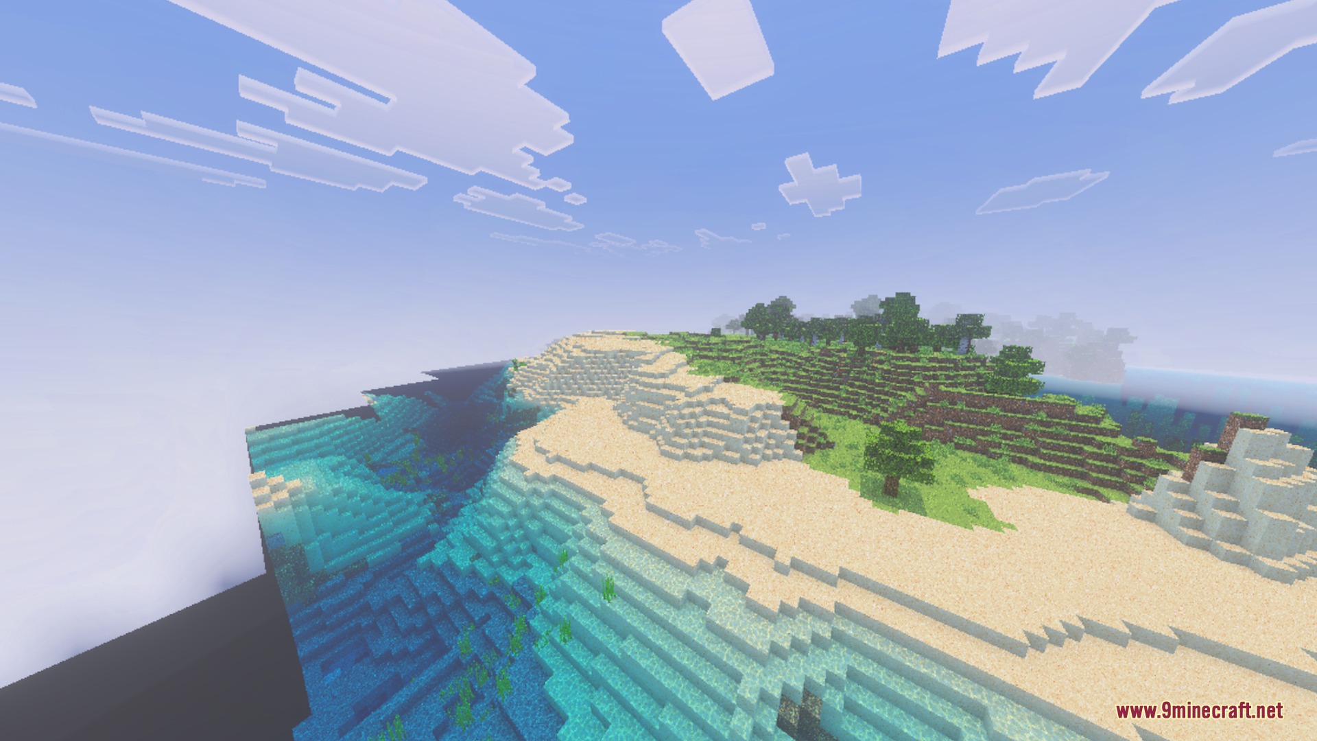 Bare Bones Simple PBR Bedrock Port Shader Screenshot 7 Bare Bones Simple PBR Bedrock Port features a clean and vibrant coastal landscape