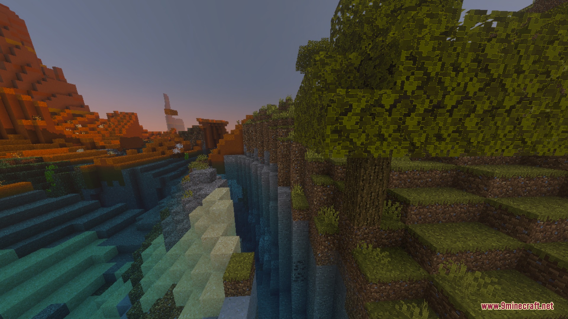 Bare Bones Simple PBR Bedrock Port Shader Screenshot 8 A river valley between a grassy hill and a red desert mesa biome