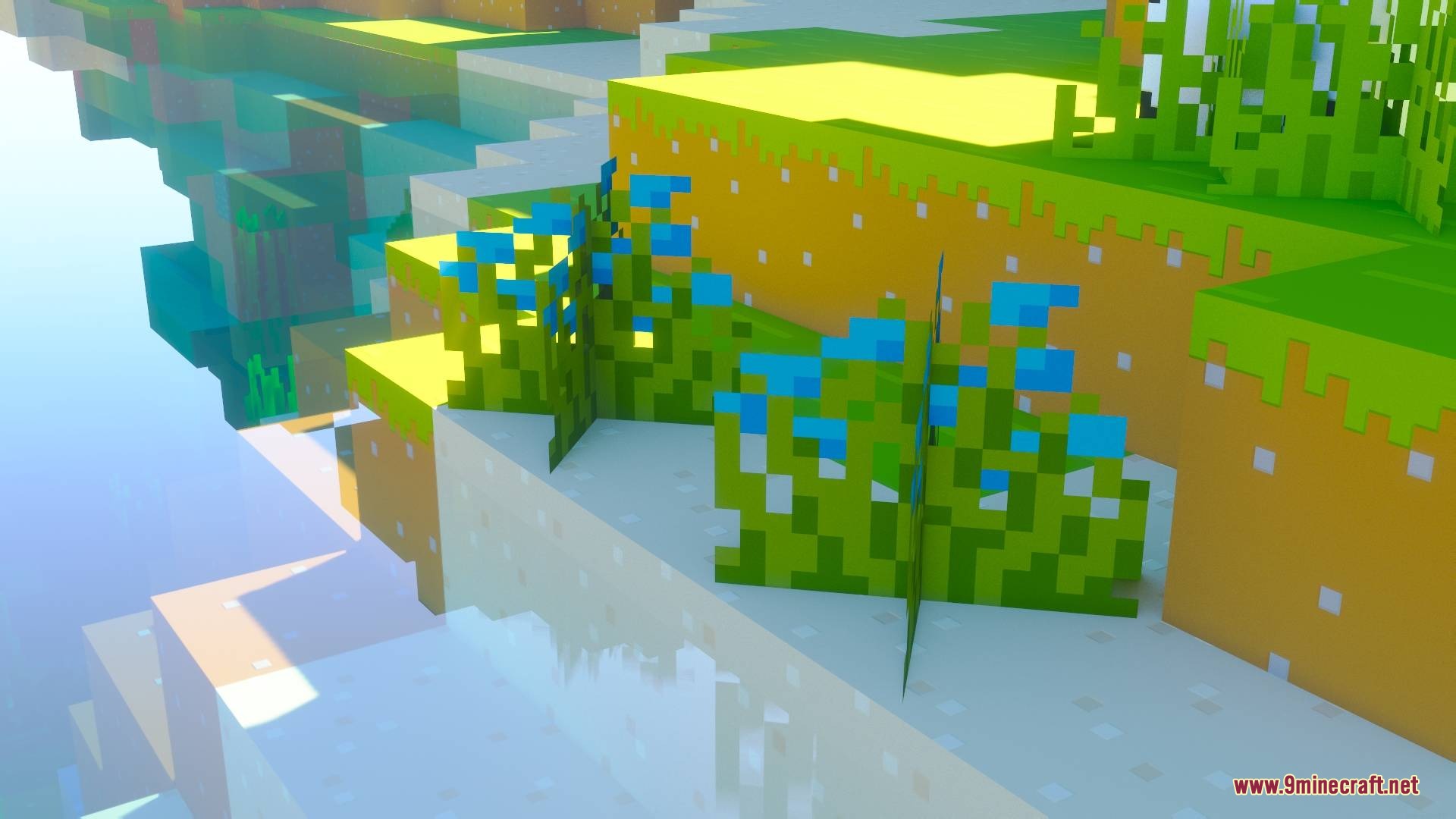 Bare Bones X Mods Resource Pack Screenshot 1 Clean blue flowers and green grass blocks on a cliff with bright lighting