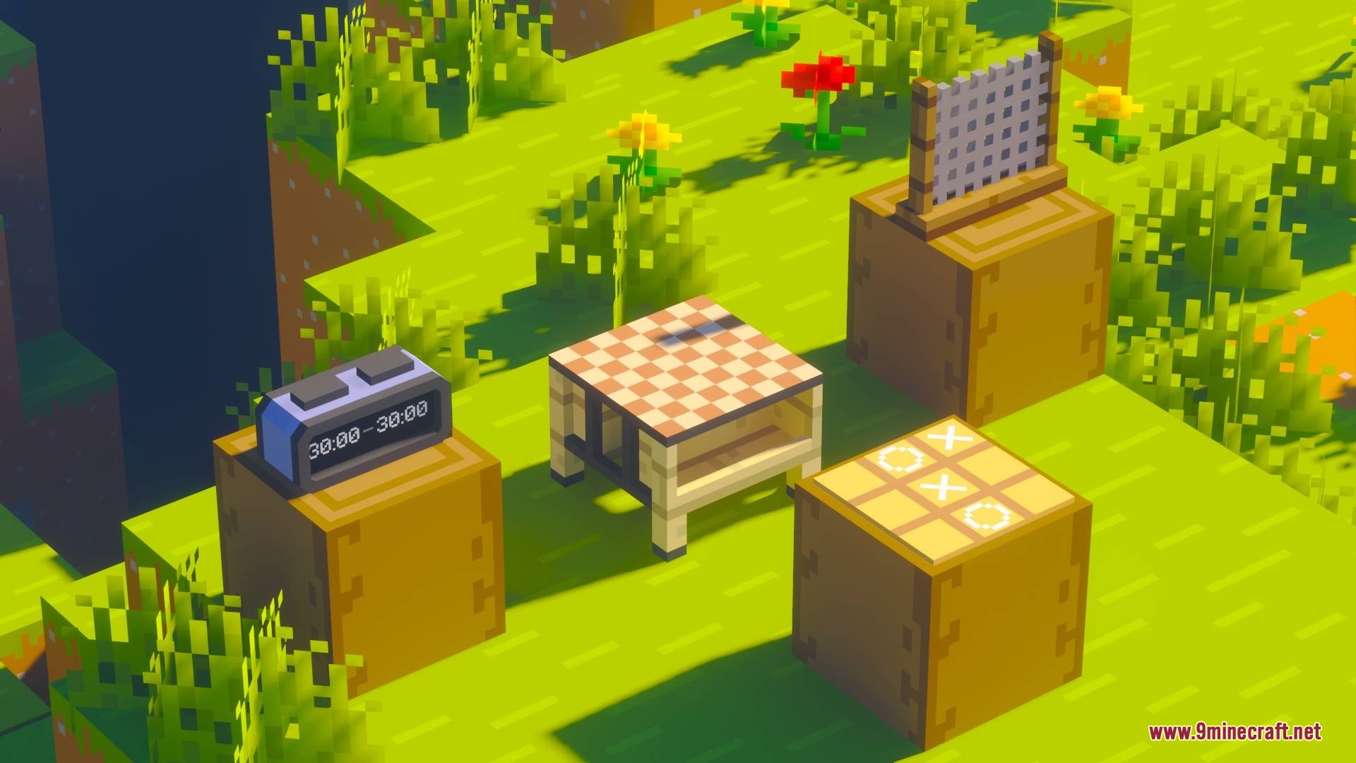 Bare Bones X Mods Resource Pack Screenshot 2 Simplified modded furniture items like a digital clock and table on green grass