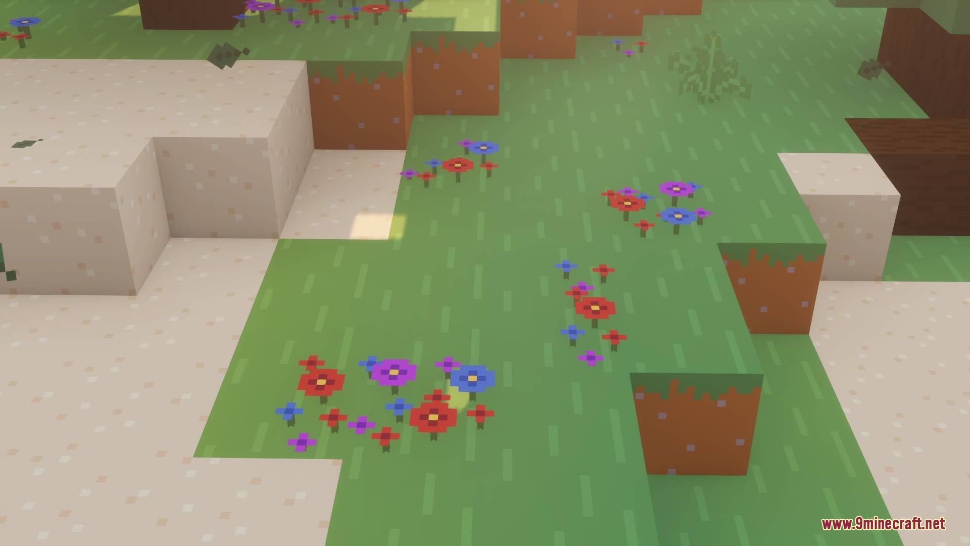 Bare Bones X Mods Resource Pack Screenshot 3 Simplified colorful flowers growing on flat green grass blocks in a blocky world