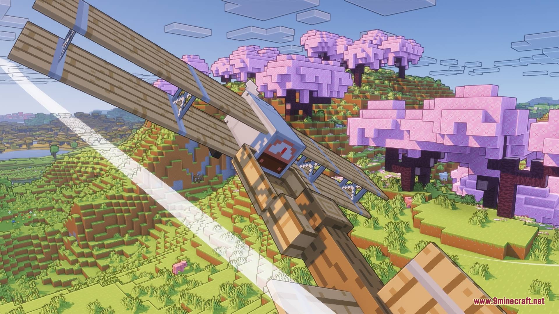 Bare Bones X Mods Resource Pack Screenshot 4 A player flies a wooden biplane over a vibrant pink cherry blossom forest biome