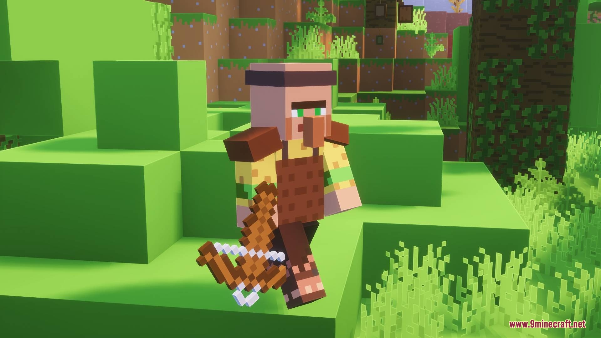 Bare Bones X Mods Resource Pack Screenshot 5 A villager holding a wooden pickaxe in a grassy field