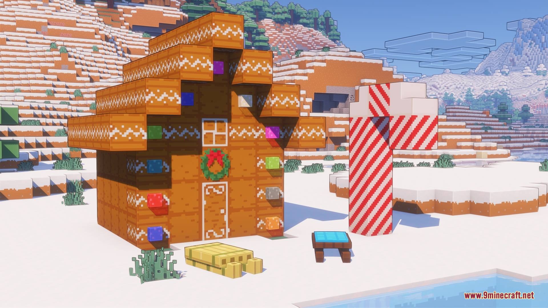 Bare Bones X Mods Resource Pack Screenshot 6 Gingerbread house and candy cane decoration in a snowy biome