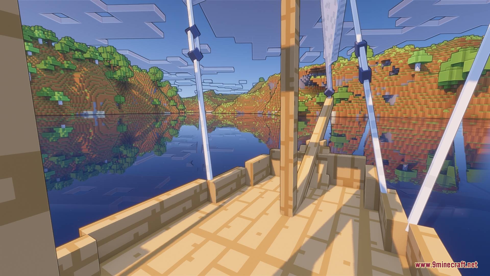 Bare Bones X Mods Resource Pack Screenshot 7 A wooden ship deck overlooking a calm river with vibrant blocky reflections