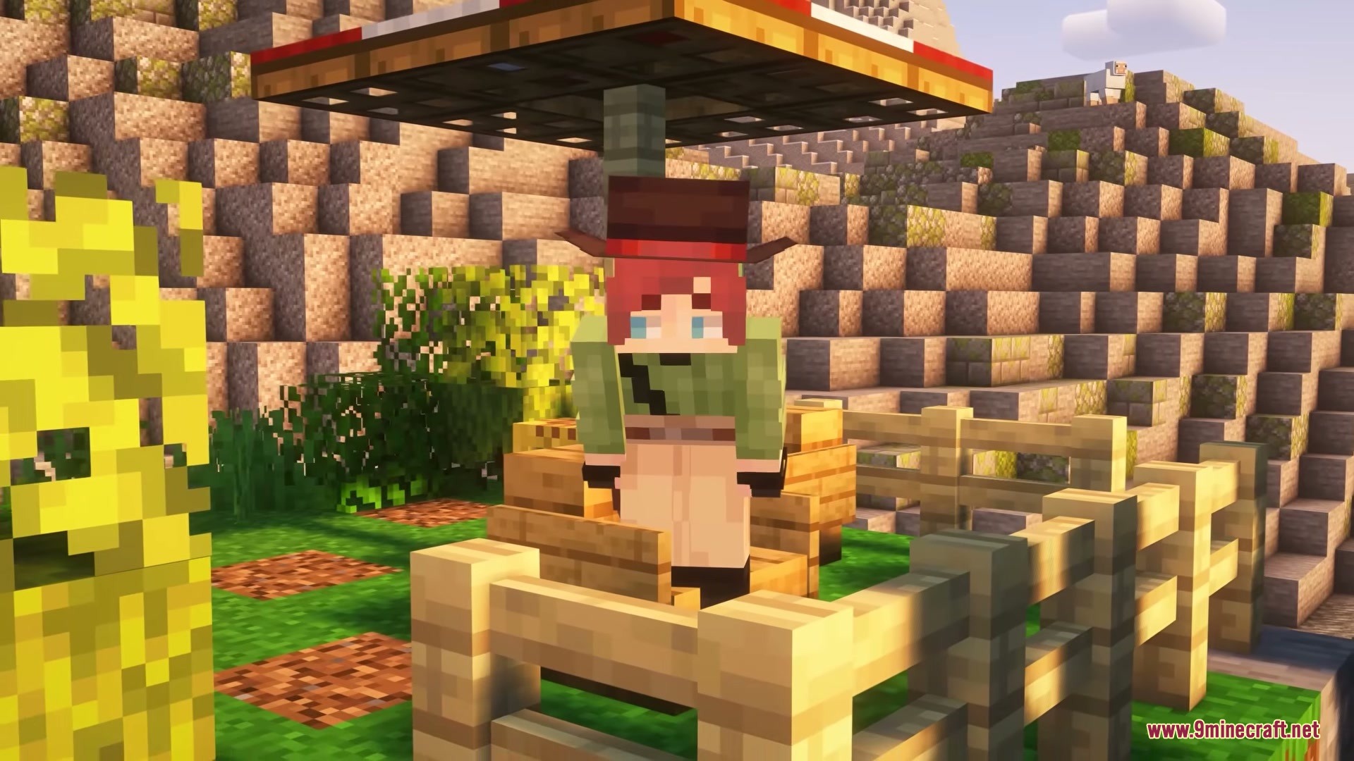 A Minecraft character standing inside a wooden animal pen under an awning