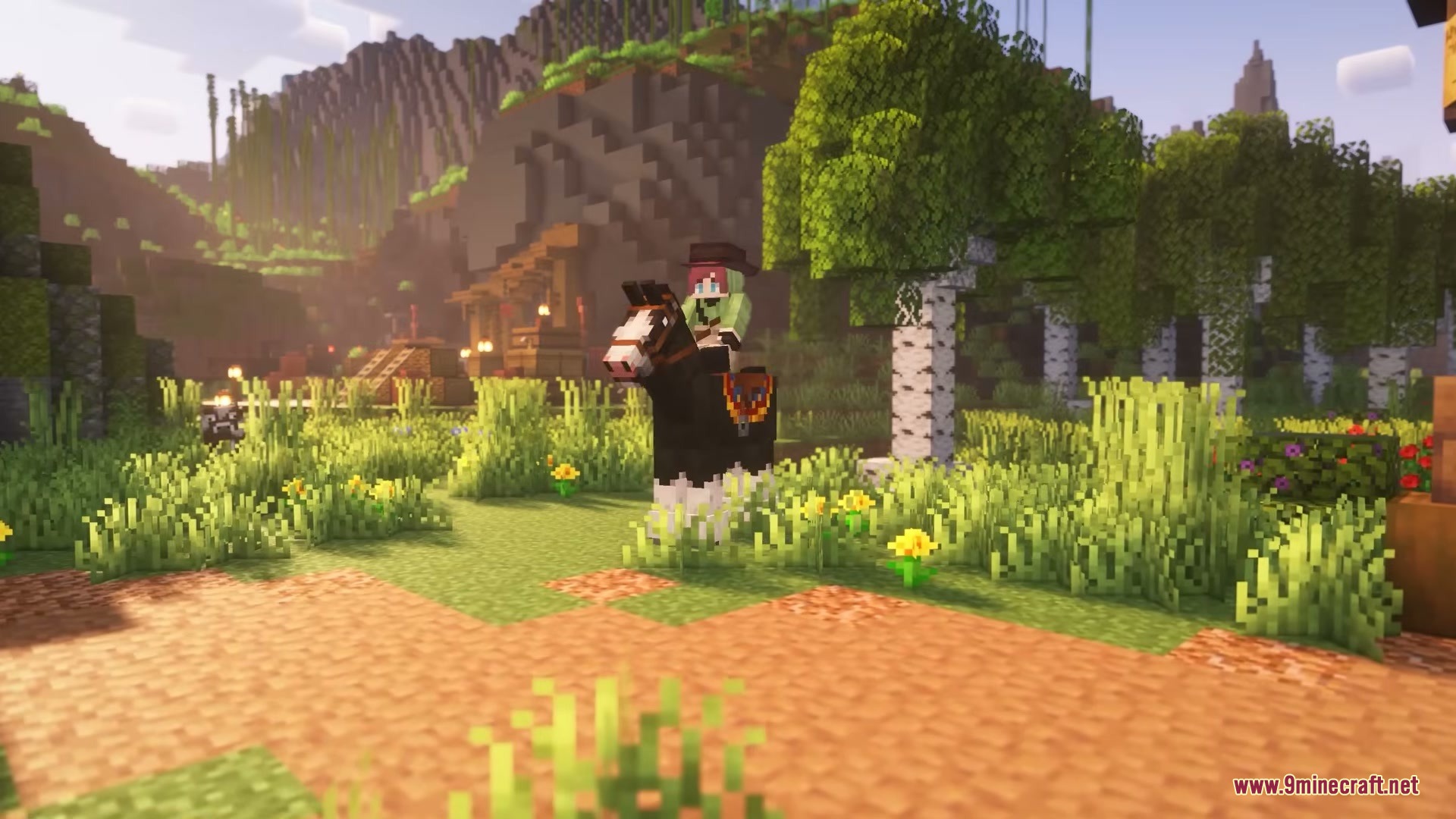 A player riding a large black and white horse through a grassy field