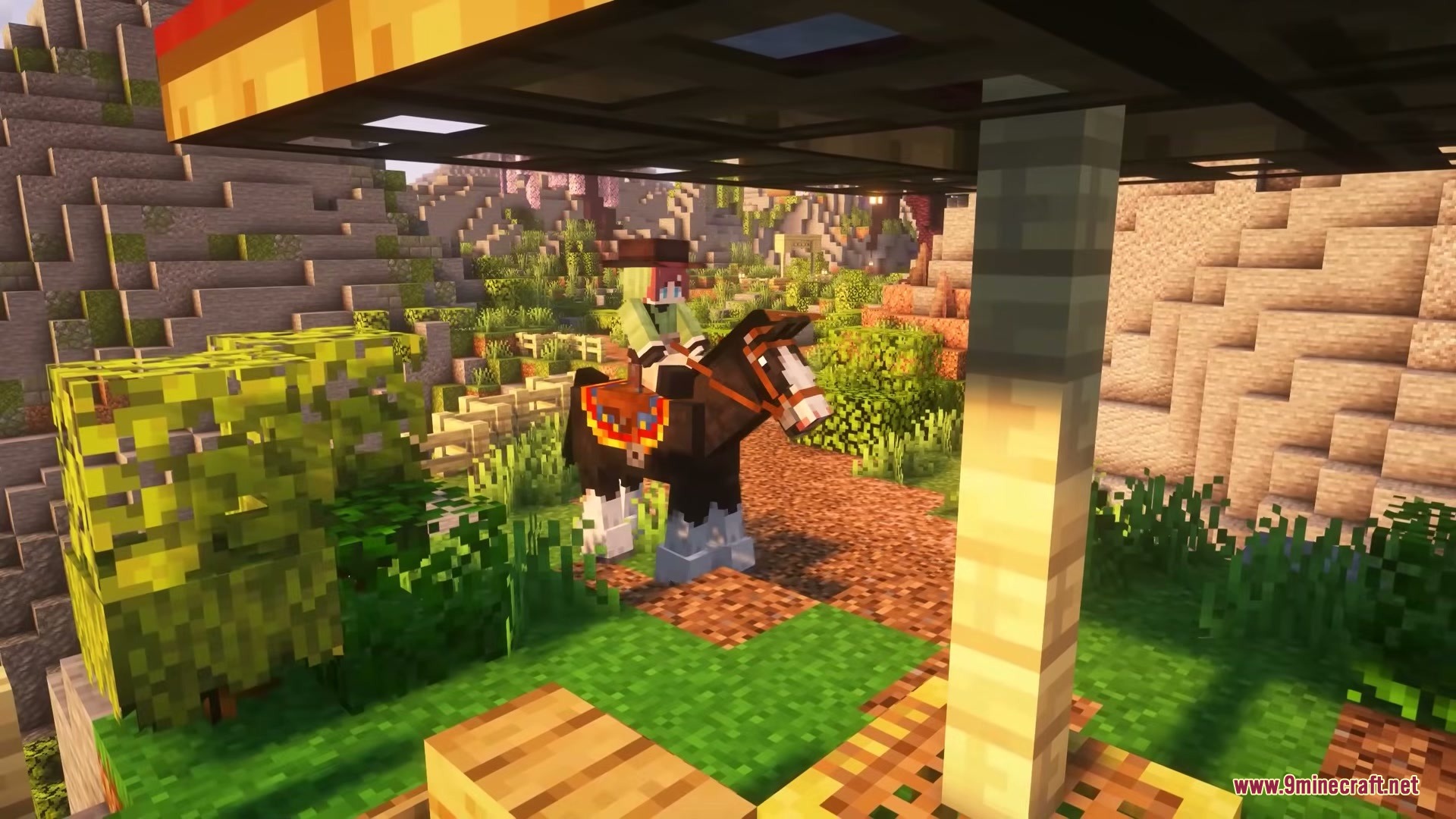 A player riding a large Clydesdale horse with a colorful saddle quilt