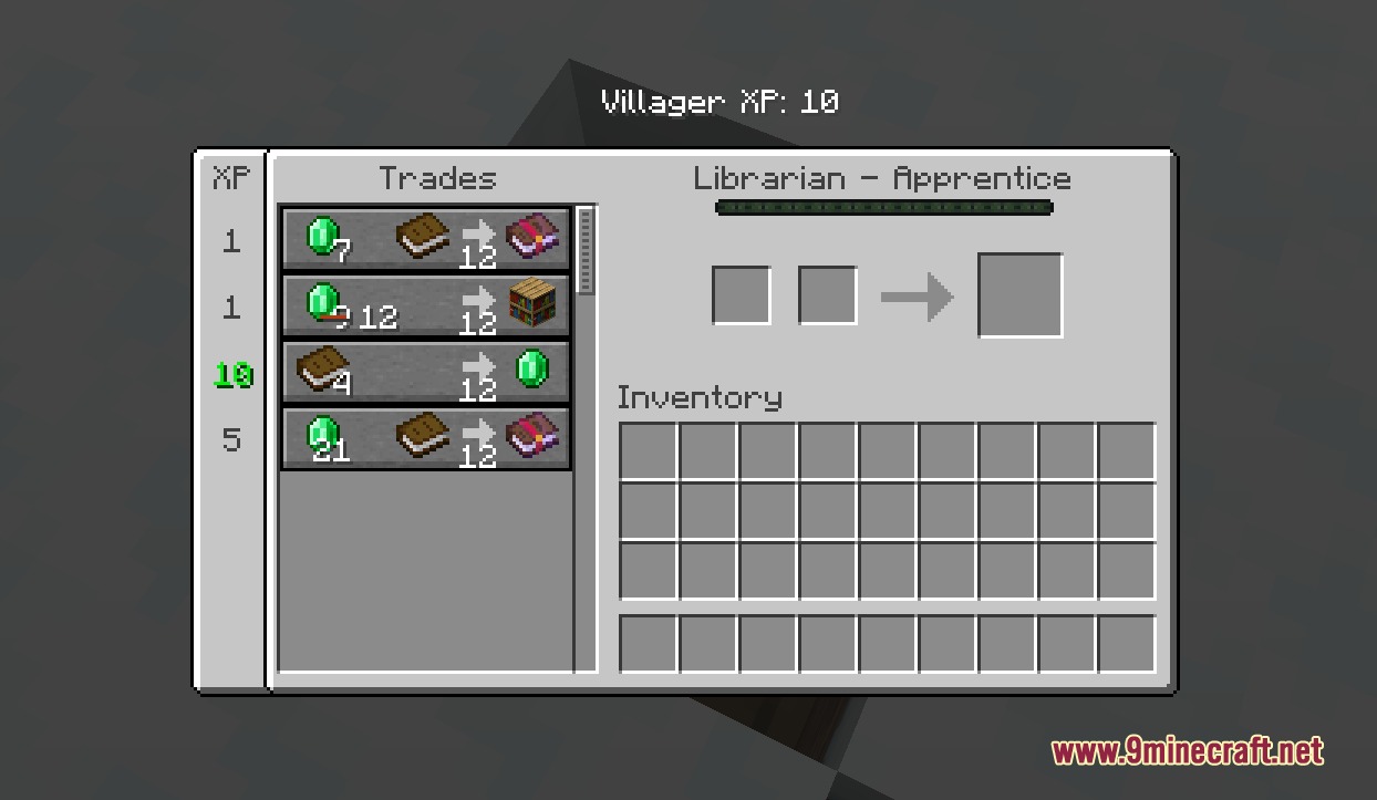 Barter Master Merit Mod Screenshot 1 Barter Master Merit Mod showing apprentice librarian trades and experience reward statistics