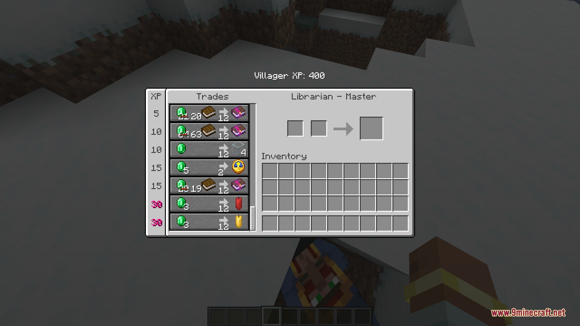 Barter Master Merit Mod Screenshot 2 Master librarian trading interface displaying advanced item offers and total villager experience