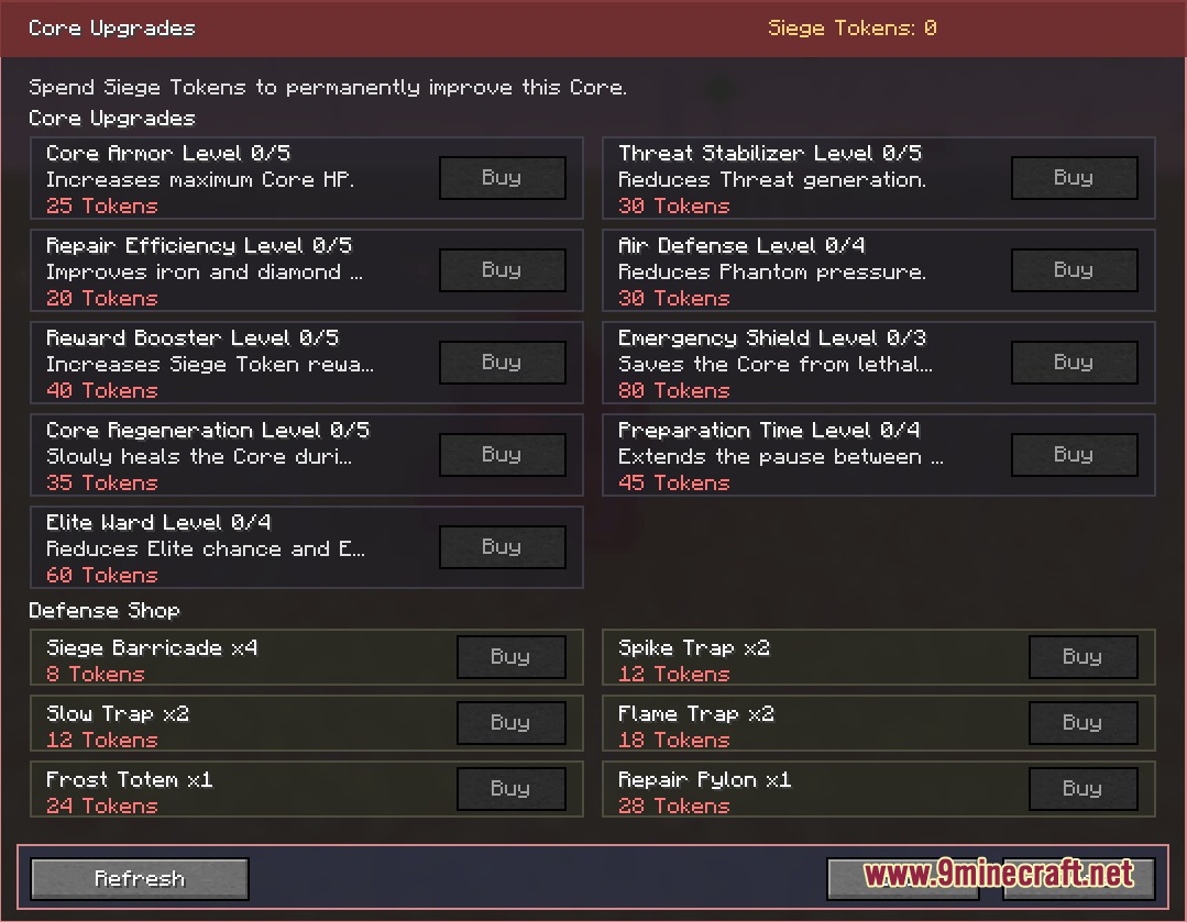 The core upgrades menu allows players to purchase permanent improvements and traps