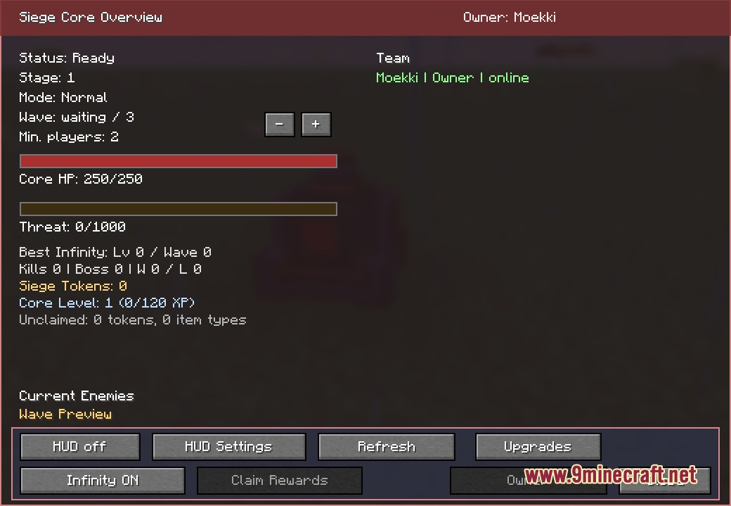 The Siege Core Overview menu showing base defense statistics and settings