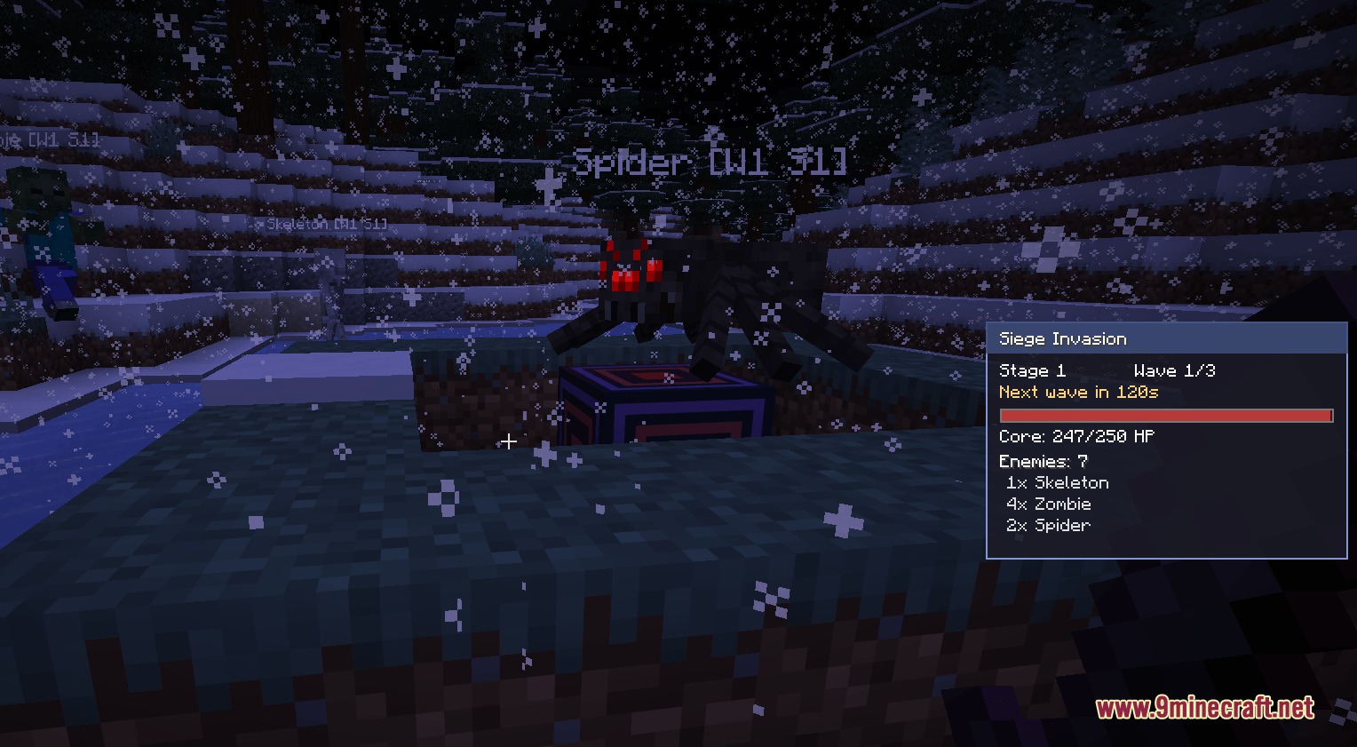 A spider attacking the core block during a snowy night invasion event