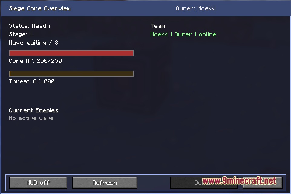 The Siege Core Overview menu showing current base stats and threat levels