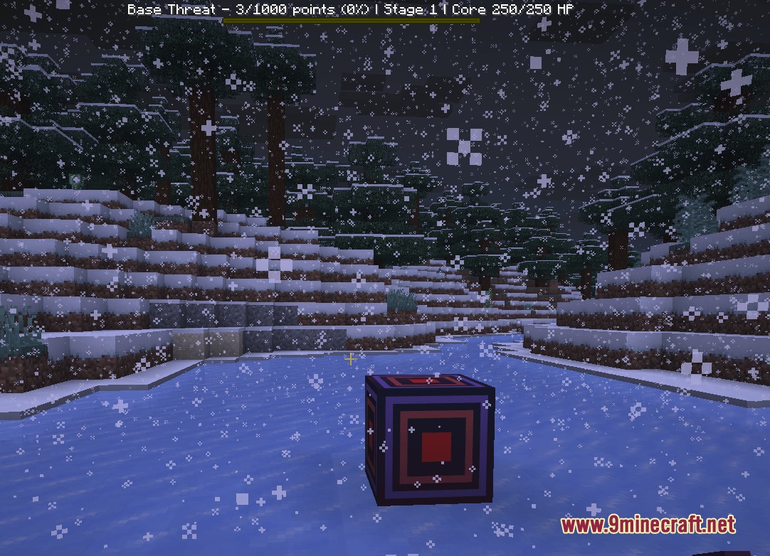 A purple and red defense block sitting on a frozen lake at night