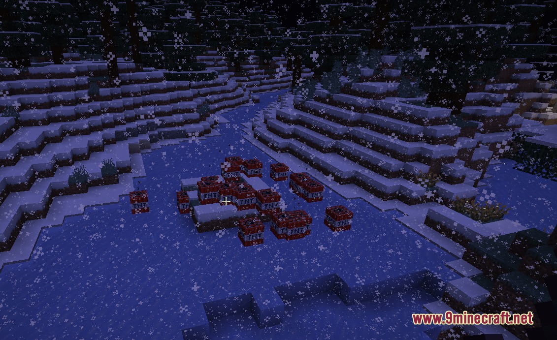TNT blocks placed on ice during a snowstorm in a dark Minecraft forest