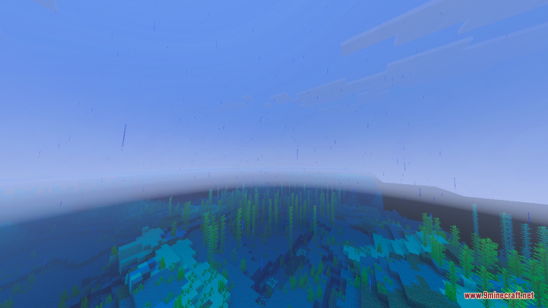 Basic Glowing Ores Shader Screenshot 1 Rain falling over an ocean with kelp visible beneath the surface