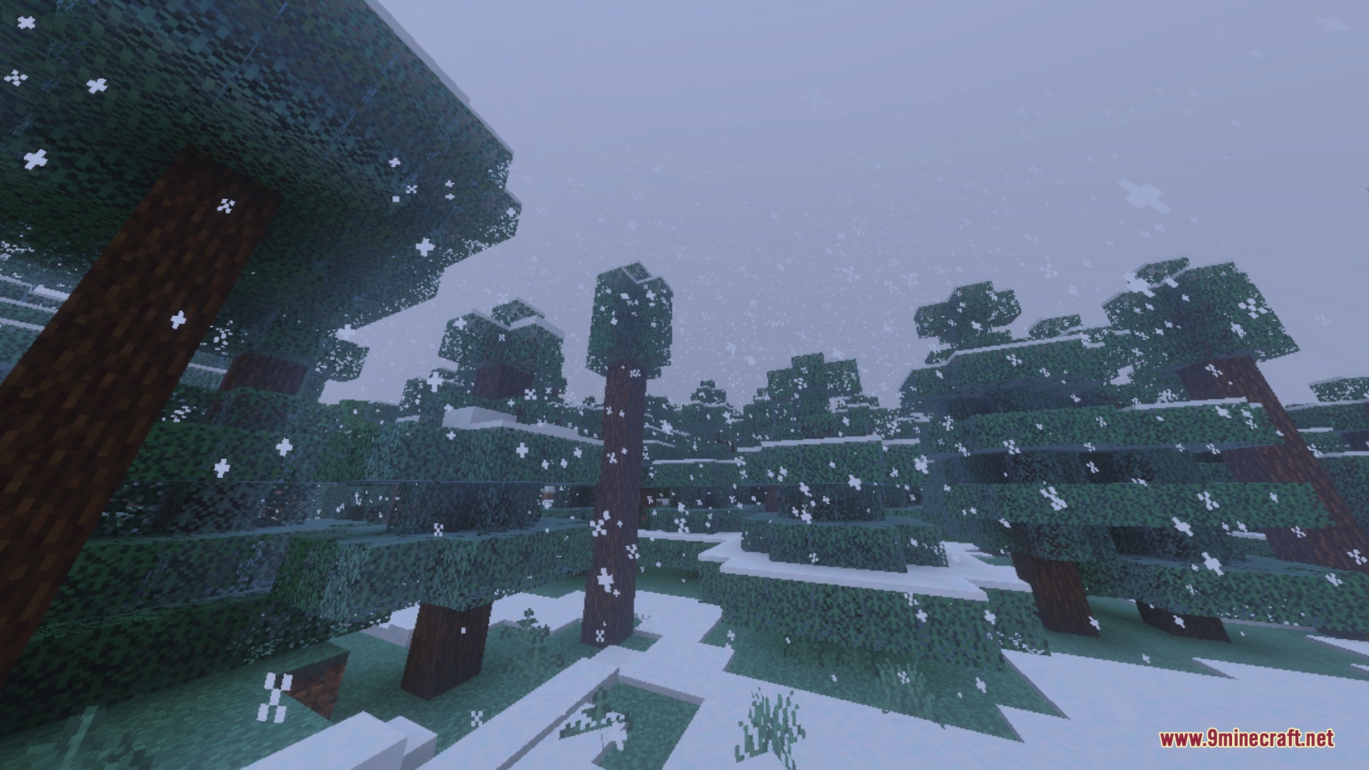 Basic Glowing Ores Shader Screenshot 10 Cold snowy spruce forest in Minecraft with white flakes falling from sky