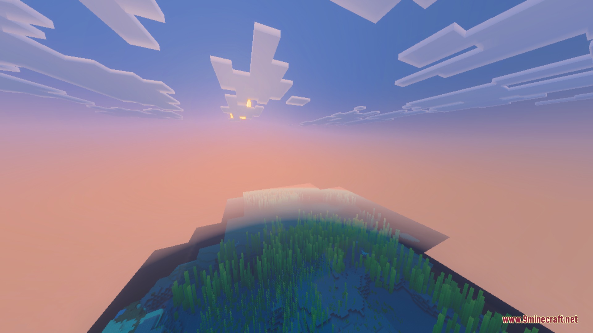 Basic Glowing Ores Shader Screenshot 2 Sunset colors reflecting over an ocean biome with underwater kelp forests