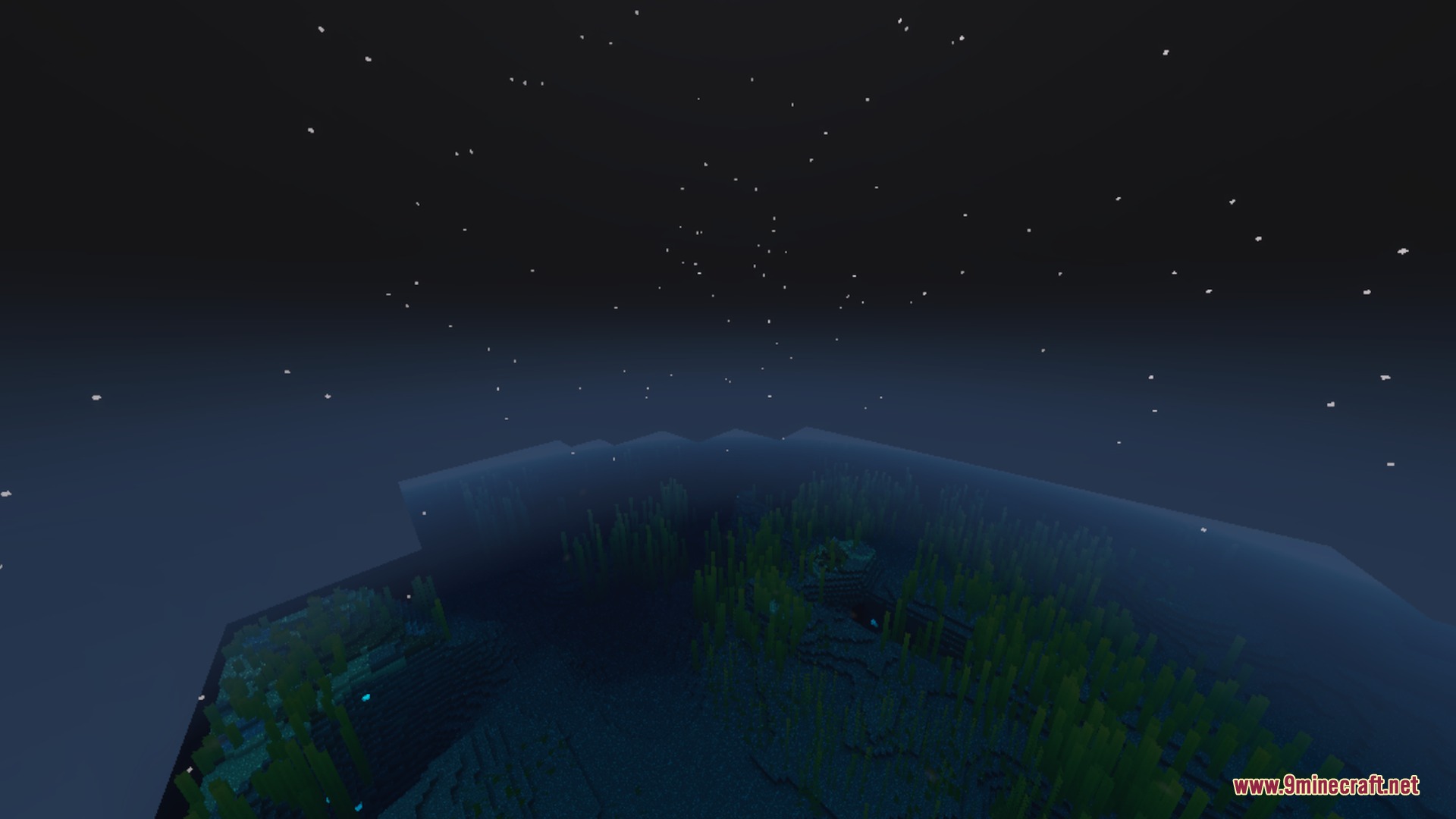 Basic Glowing Ores Shader Screenshot 4 Glowing ores illuminate the dark ocean floor filled with green kelp and seagrass