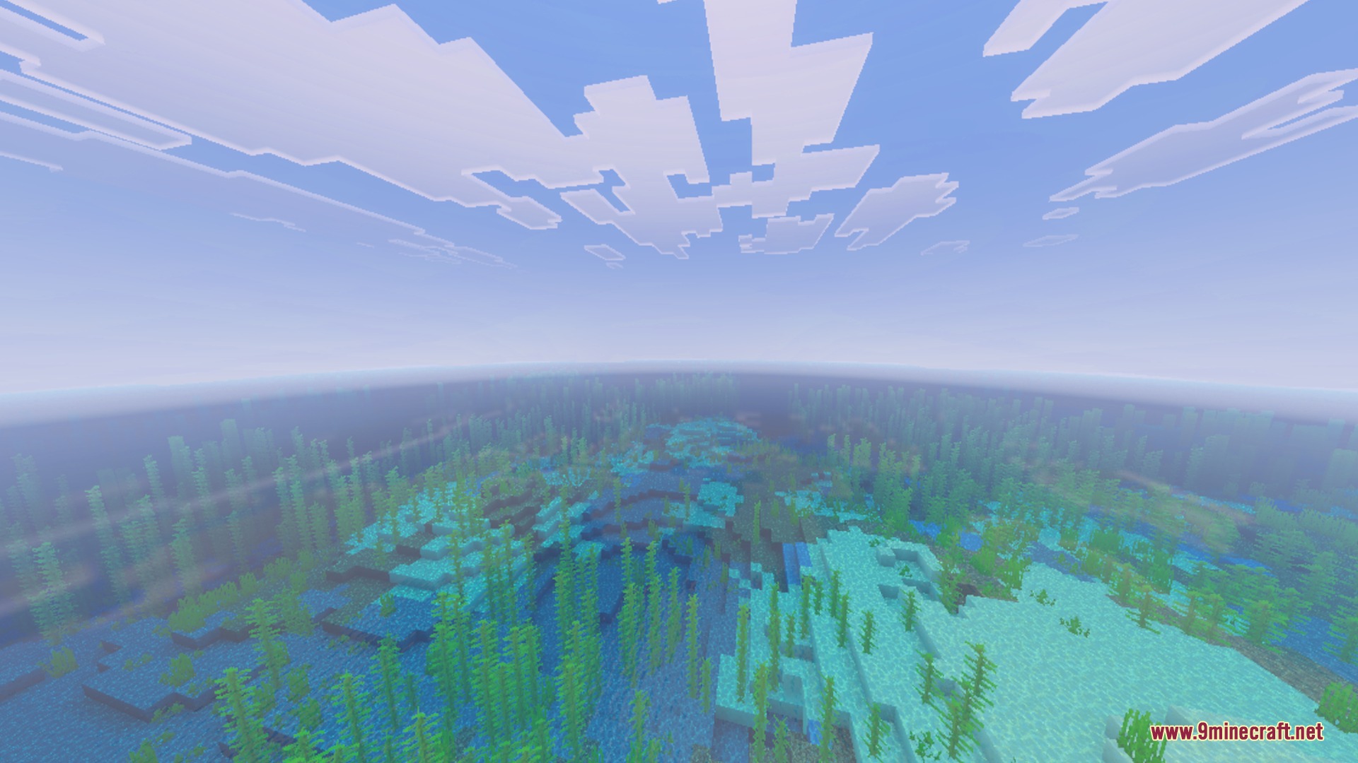 Basic Glowing Ores Shader Screenshot 5 A vast underwater ocean floor filled with green kelp and glowing blue ores