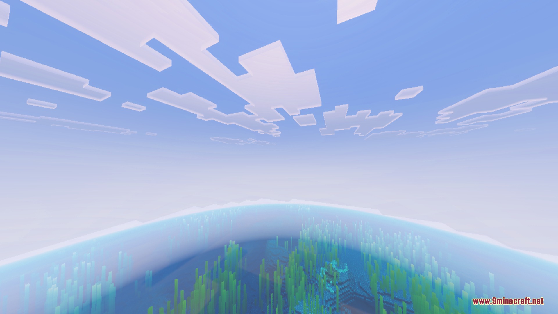 Basic Glowing Ores Shader Screenshot 6 Bright blue glowing ores scattered across the ocean floor beneath thick green kelp