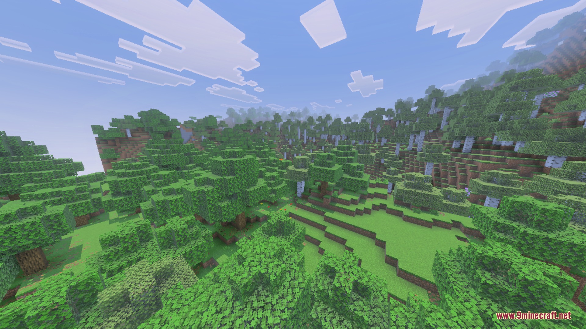 Basic Glowing Ores Shader Screenshot 8 Lush green forest landscape with oak and birch trees under a bright sky