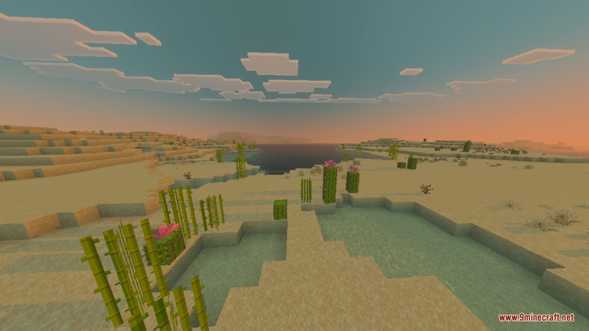 Basic Glowing Ores Shader Screenshot 9 Vibrant sunset sky over a Minecraft desert biome with sugar cane plants