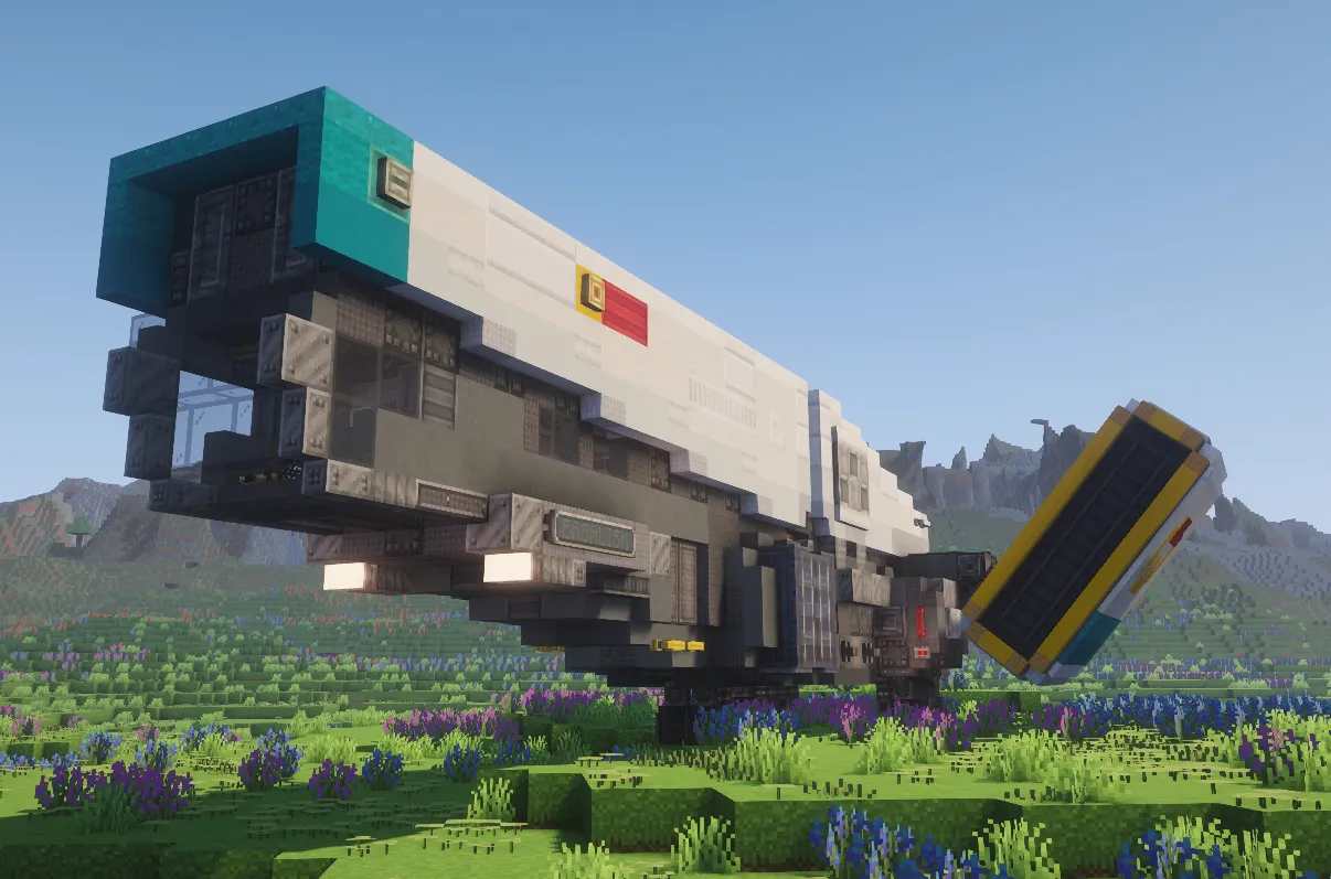 Basilisk Ship Schematic Screenshots 2 A white and teal Basilisk transport ship landed in a flower forest biome