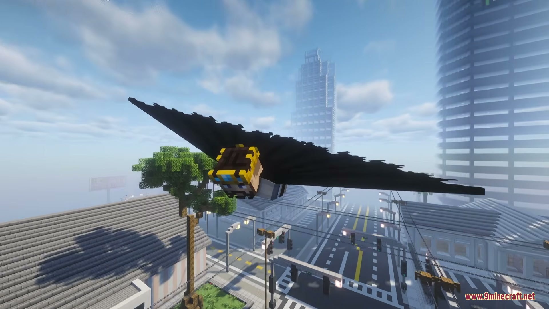 Minecraft character glides over a modern city using a large black superhero cape